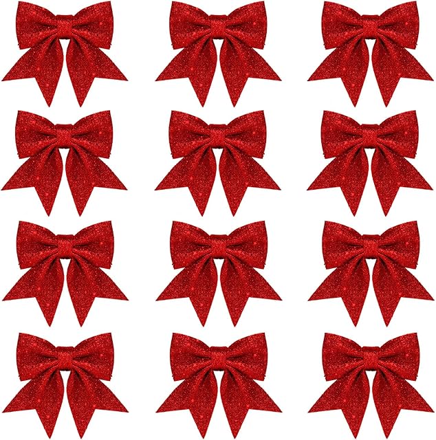 Whaline 12pcs Christmas Bow Decorations, Red Wreaths Bows, Small Christmas Tree Bow, Sequin Bow Ties, Xmas Decorative Bows Ornaments for Home Christmas Party, 5.5 in