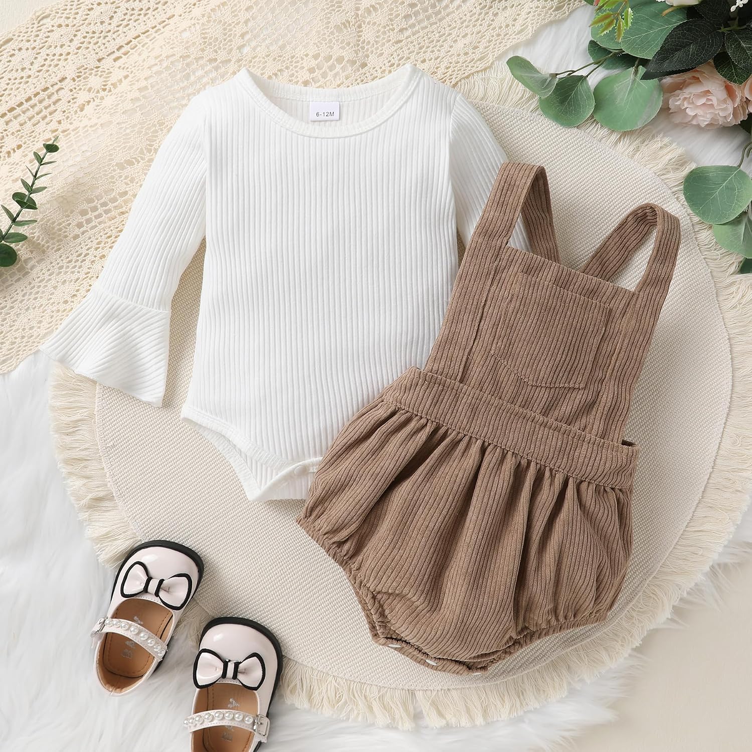 Newborn Baby Girl Clothes Bell Sleeve Romper and Corduroy Overalls Shorts Infant Girl Fall Outfits