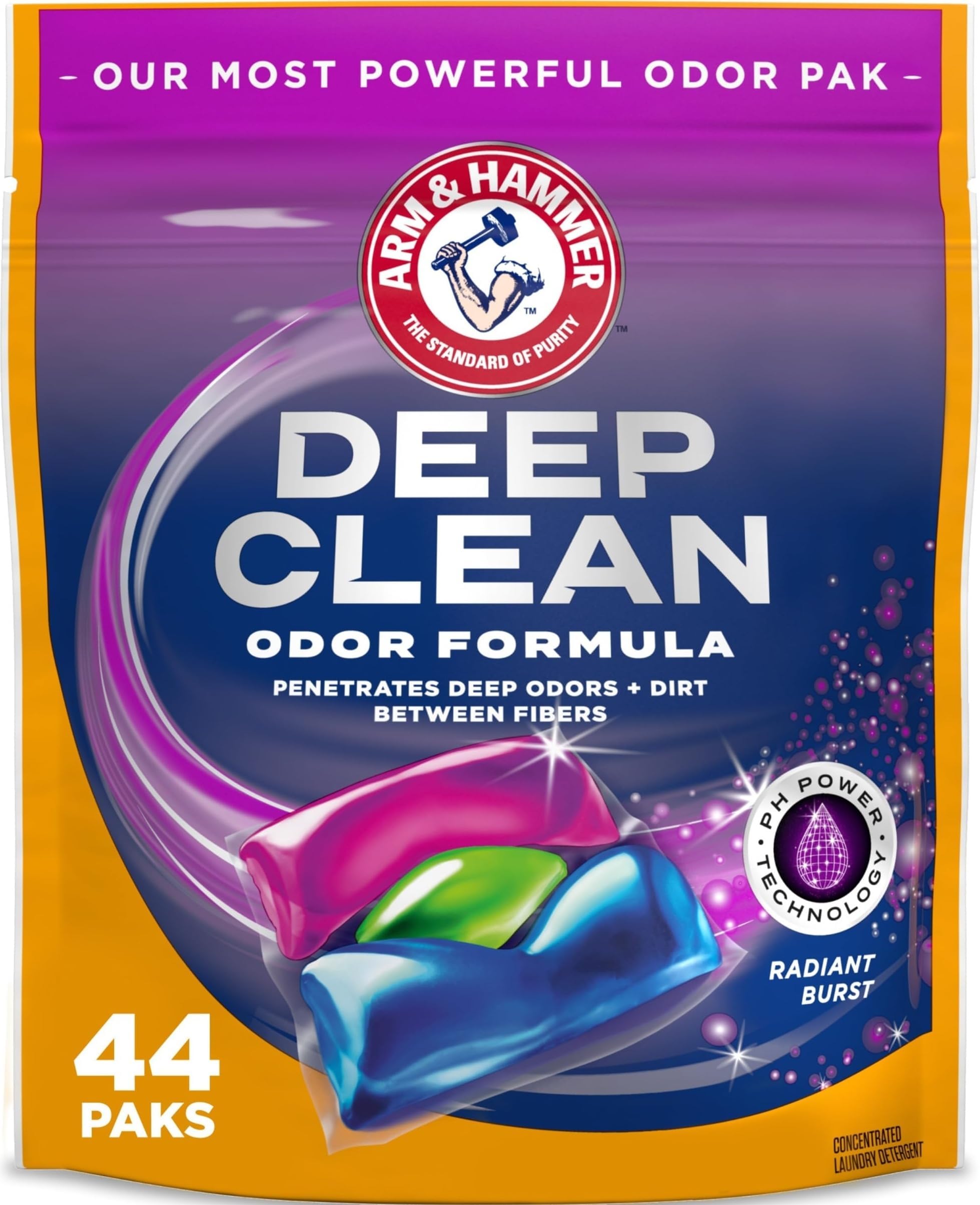 ARM & HAMMER Deep Clean Odor Formula Laundry Detergent Power Paks, 44 Count