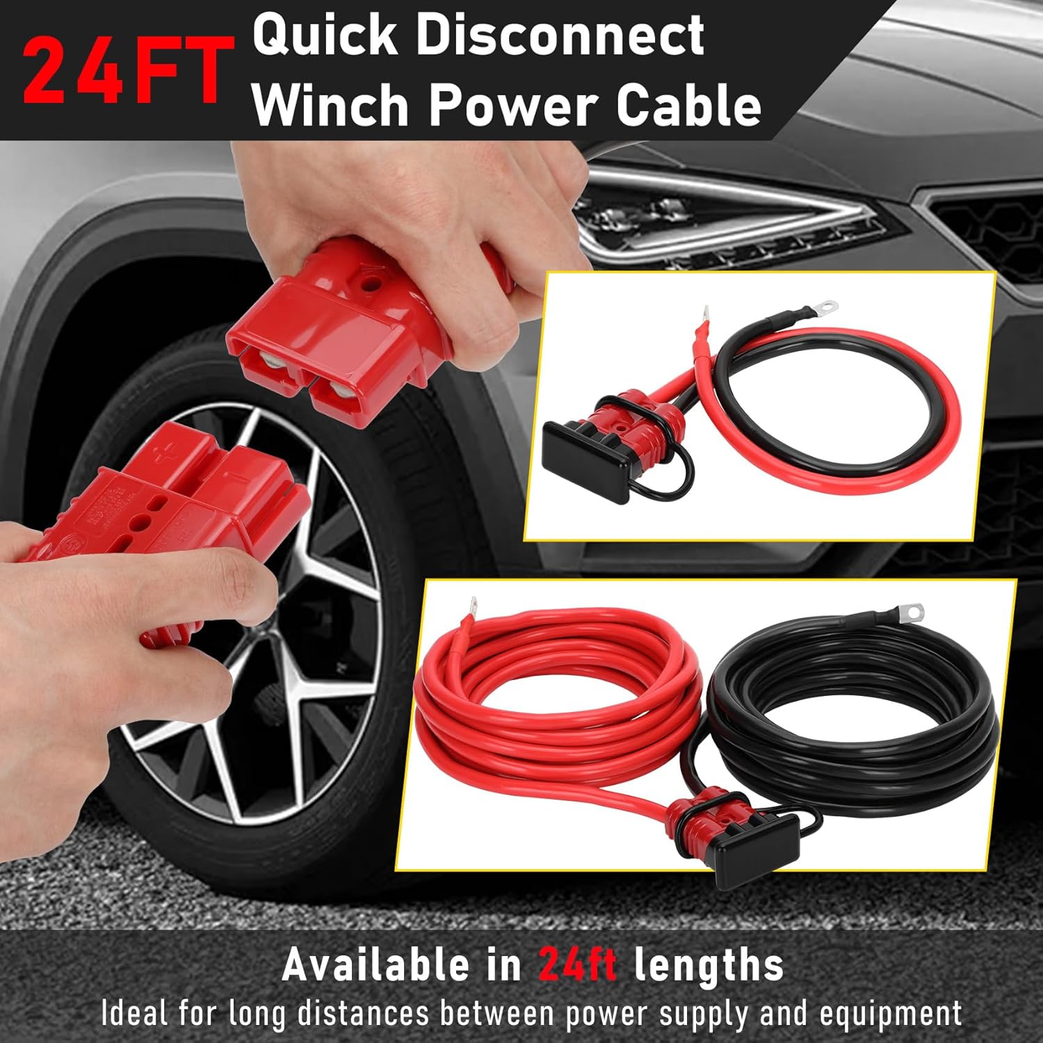 24 FT Quick Disconnect Winch Power Cable, 2 Gauge 2 AWG Copper Wiring, Heavy Duty Quick Disconnect Cables with Quick Connect Plugs, for a Wide Range of Winching Applications