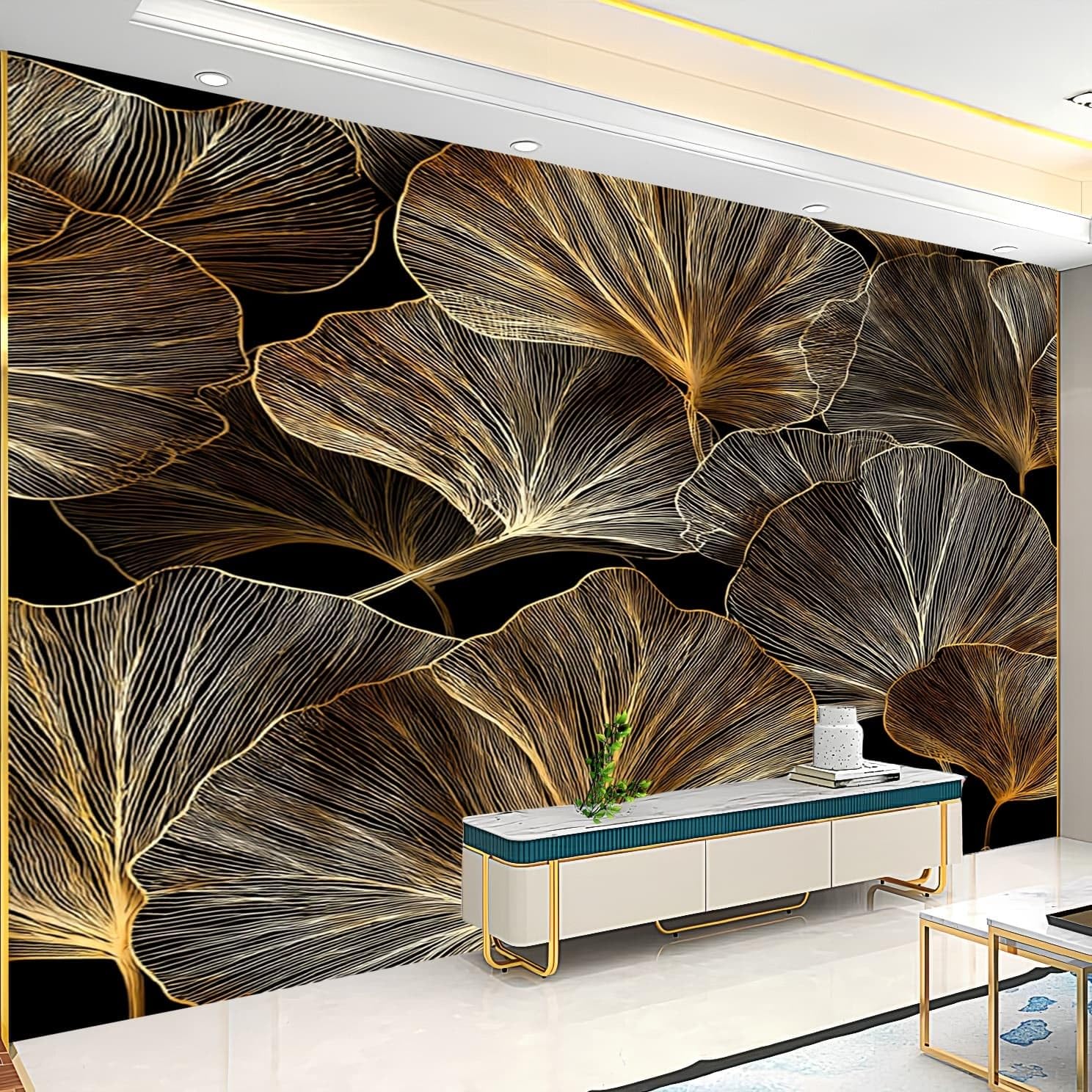 Moda Fototapeta 350 x 256 cm Abstrakcyjne Rośliny Nowoczesne 3D Zdejmowana Złota Panoramiczna Tapeta Biuro Sypialnia Salon, Hd Zdjęcie