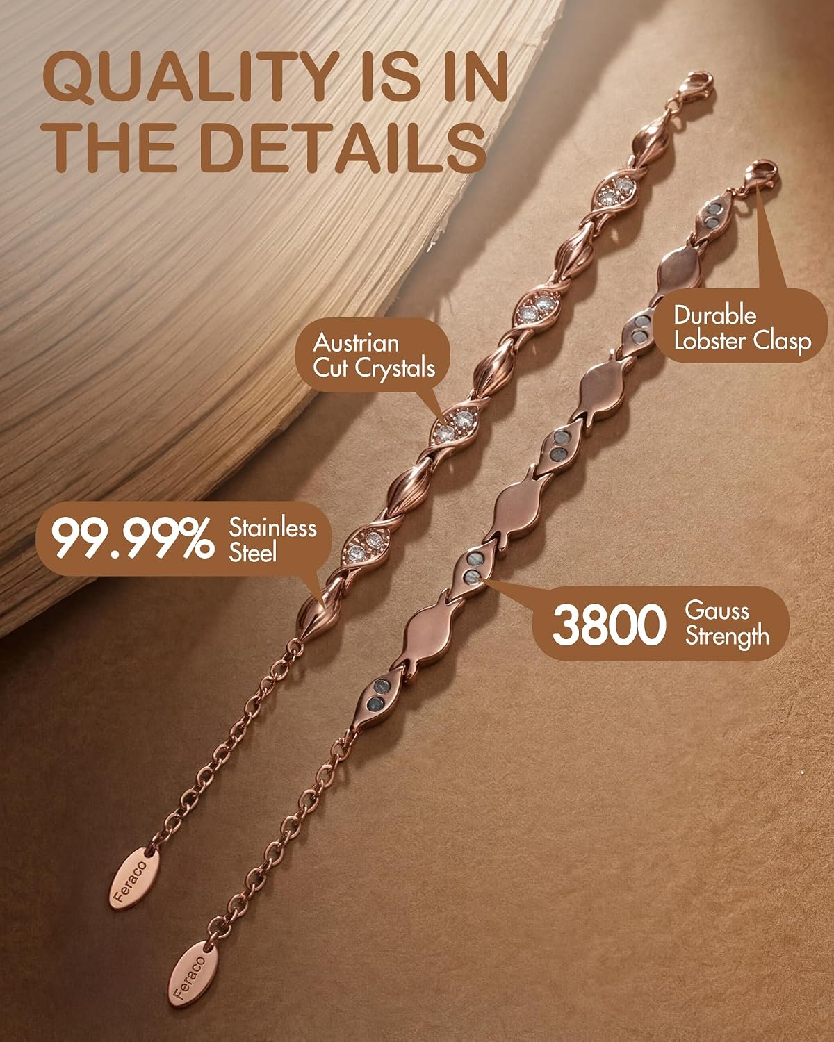 Feraco Pure Copper Bracelets for Women, Ultra Strength Magnetic Bracelet for Women with 3800 Gauss Magnet & Dazzling Austrian Crystals Stone, Copper Jewelry Gift
