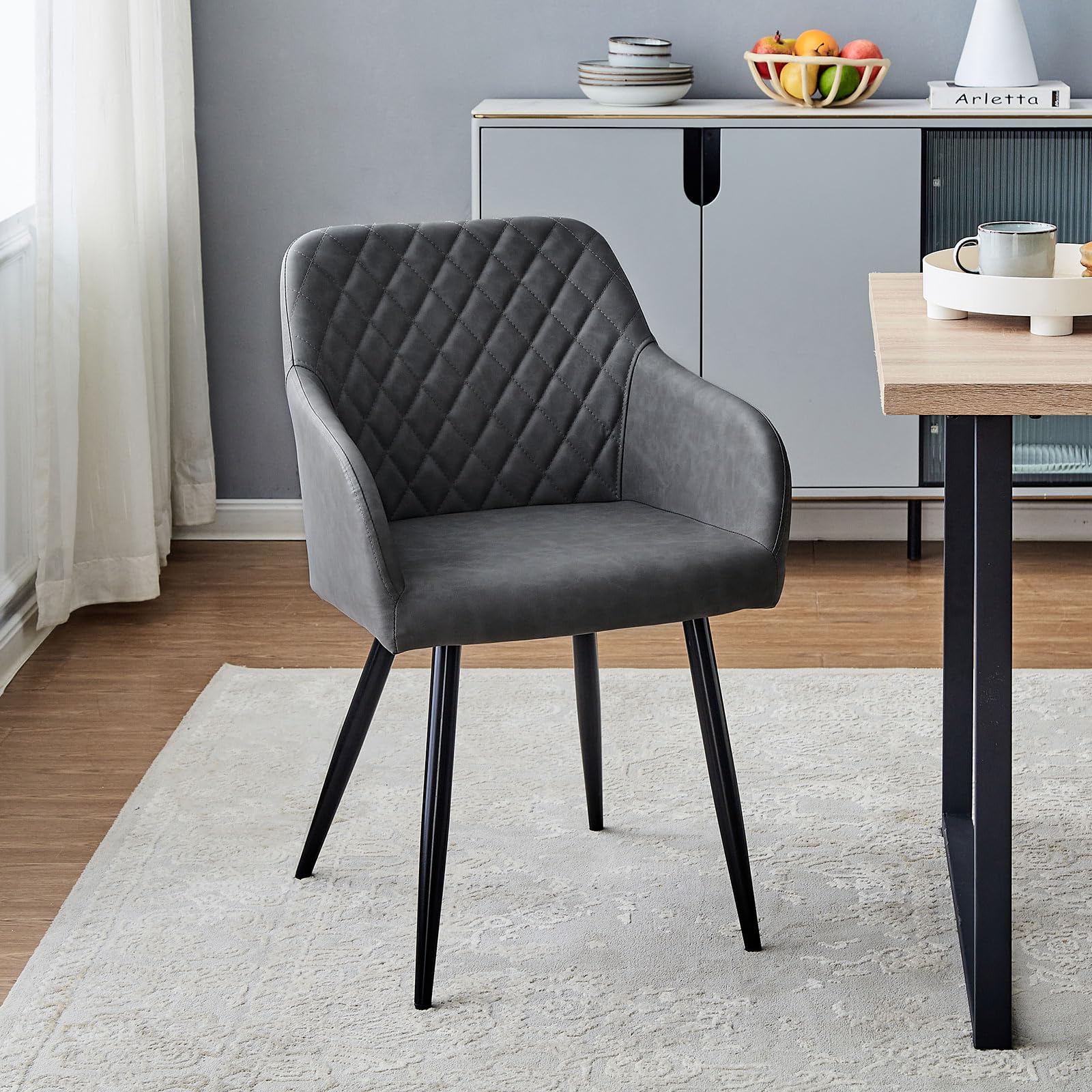 LEMROE Dining Chair Faux Leather Upholstered Kitchen Counter Chair Modern Living Room Armchair Vanity Chair with Metal Legs Backrest Arms Lounge Accent Chair for Home Reception Bedroom (Dark Grey)