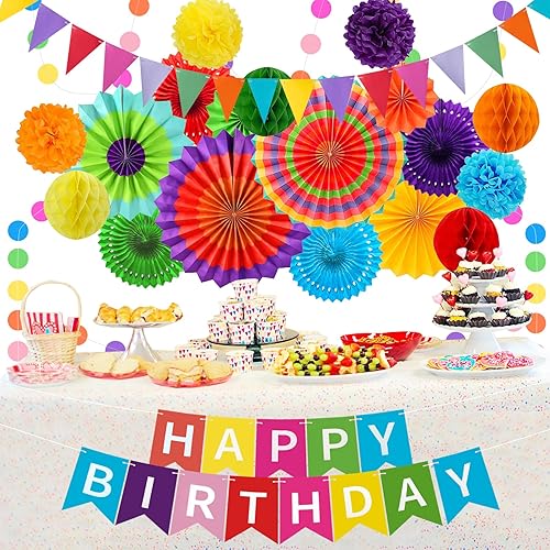 Miniatura 58 de Decoración de fiesta de feliz cumpleaños azul marino y dorado, 24 abanicos de papel colgantes, guirnalda de flores con pompones, guirnalda