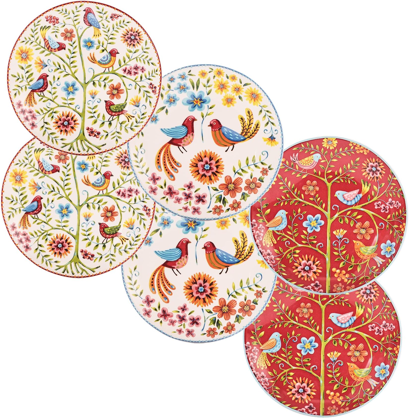 Red Spring Bird Appetizer Plates Set of 6, 6 Inch Small Ceramic Dessert Plates for Snacks, Salad, Tablescape, Microwave and Dishwasher Safe, Gift for Housewarming and Thanksgiving