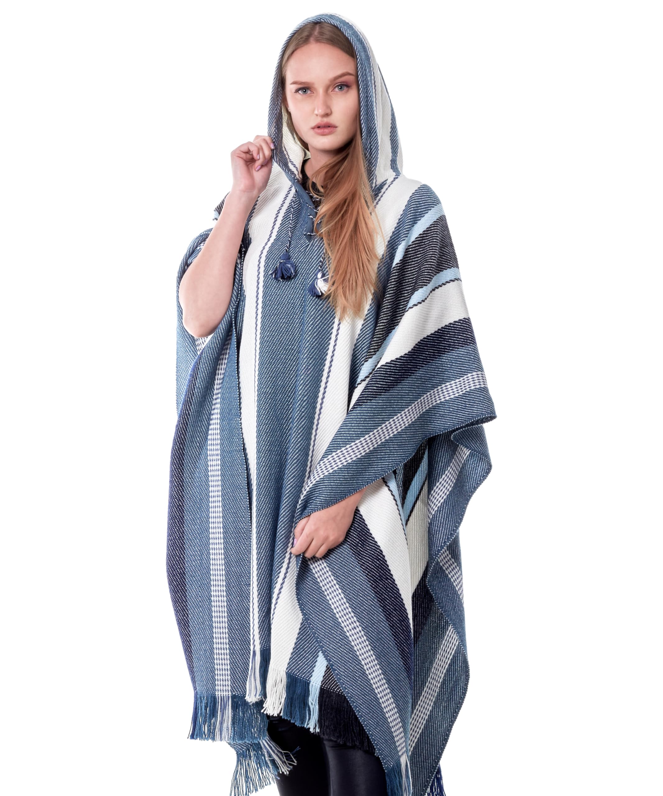 Hodded Soft Alpaca Poncho Cape for Women with striped design (Steel Blue), Steel Blue, One Size-image-49