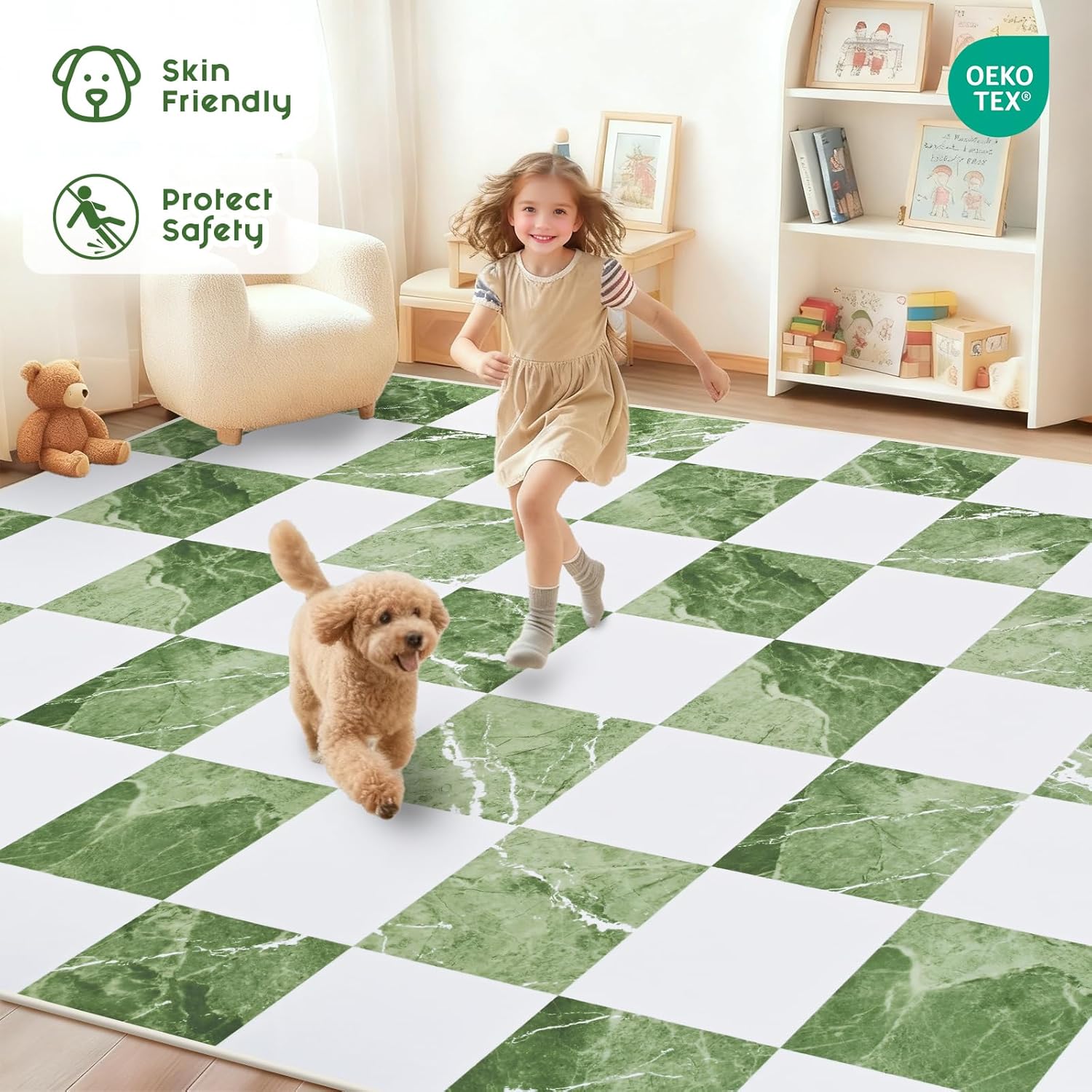 Yinhua 5x7 Area Rugs for Living Room, Neutral Washable Checkered Rugs for Bedroom, Modern Classic Geometric Area Rug Soft Non Slip Large Throw Carpet Green Marble Rug for Nursery Kids Room Playroom