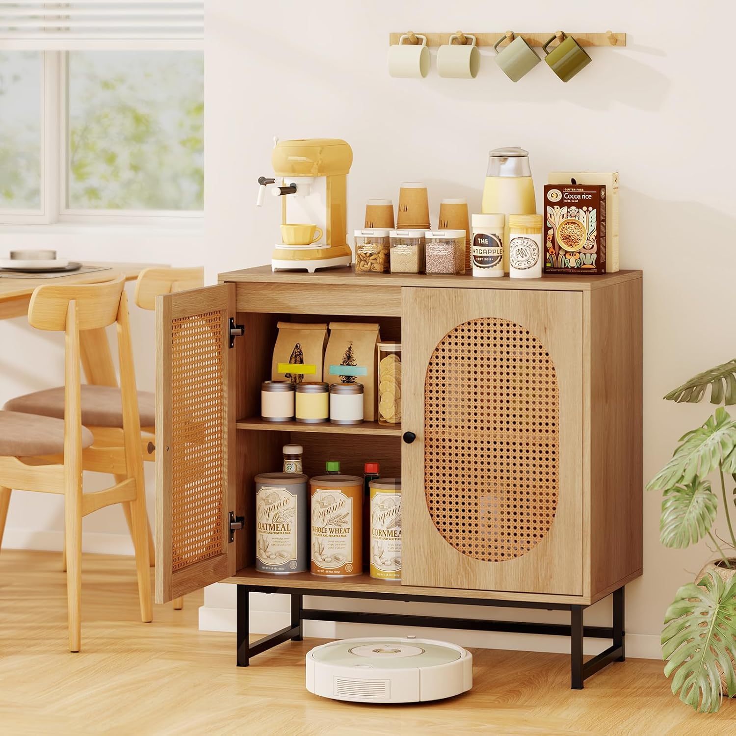 LOKO 31.5" Rattan Buffet Cabinet, Sideboard Cabinet with Doors, Adjustable Shelves, Metal Legs, Freestanding Coffee Bar Table, Accent Side Storage Cabinet for Dining Room (Natural)