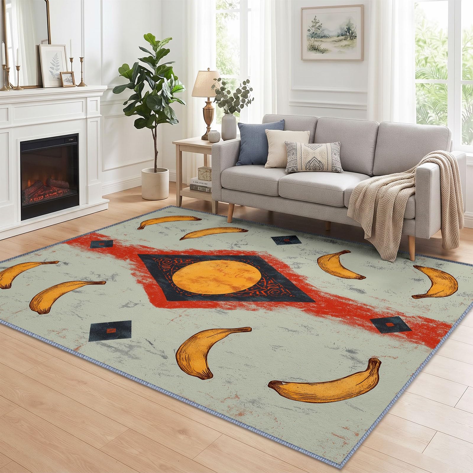Générique Bananes Soleil Tapis Salon 120x176 cm, Lavable en Machine AntidéRapant Poil Ras Minimaliste Industriel Moderne Vieilli Tapis, pour Chambre Salle a Manger Descente de Lit Bureau Cuisine