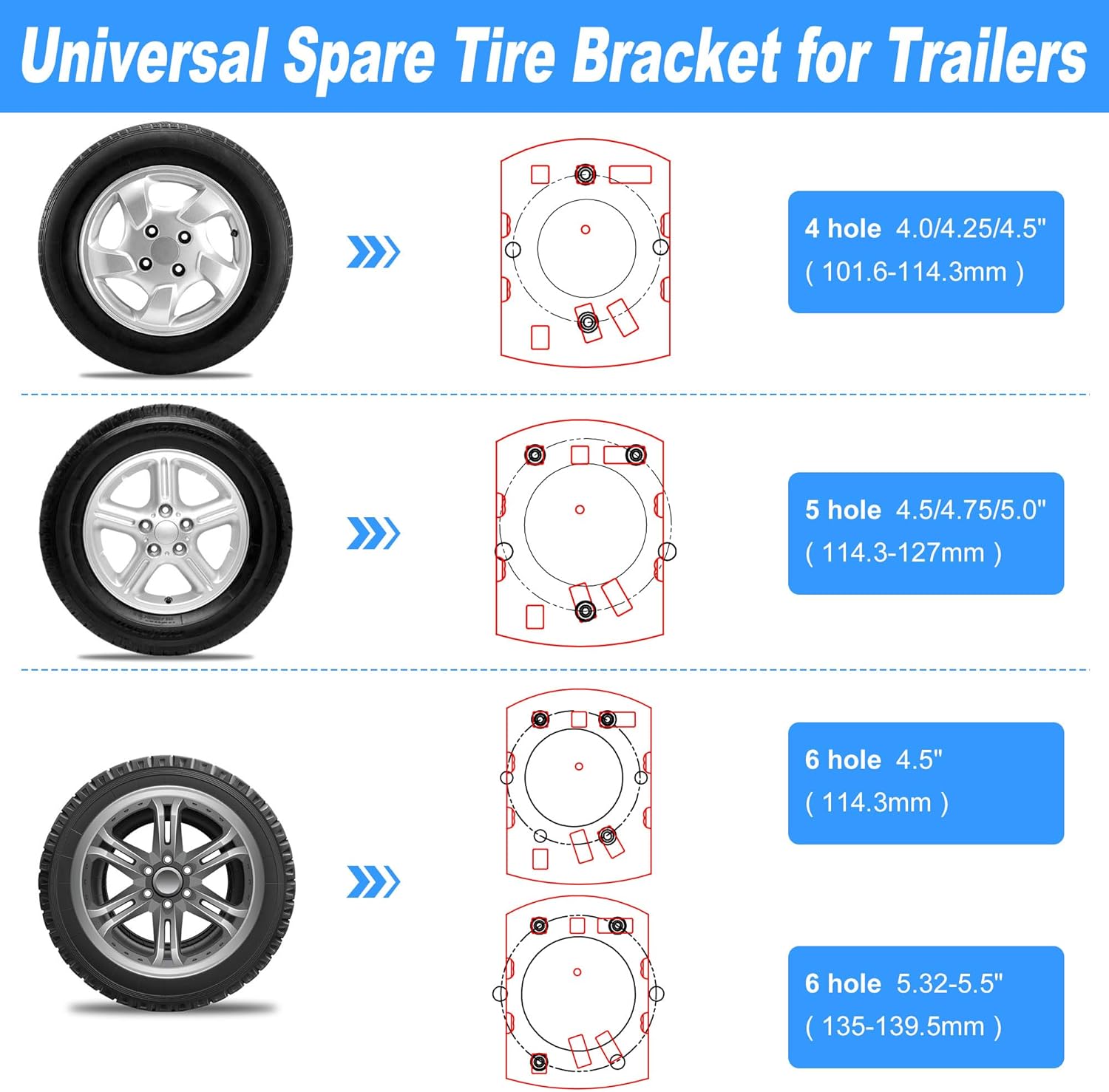 Foozet Trailer Spare Tire Mount Bracket, Heavy Duty Spare Tire Carrier Mount for Boat and RV, Fits Most 4 5 6 Lugs Wheels on 4", 4.25", 4.5", 4.75", 5" or 5.5" Bolt Patterns, Holds up to 160 Lbs