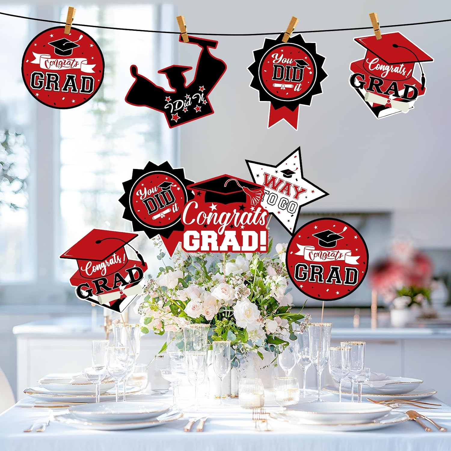 24Pcs Graduation Party Decorations Class of 2026, Graduation Centerpieces for Tables, 2026 Congrats Grad Party Centerpiece Stick Table Toppers for Graduation Party Supplies (Red)
