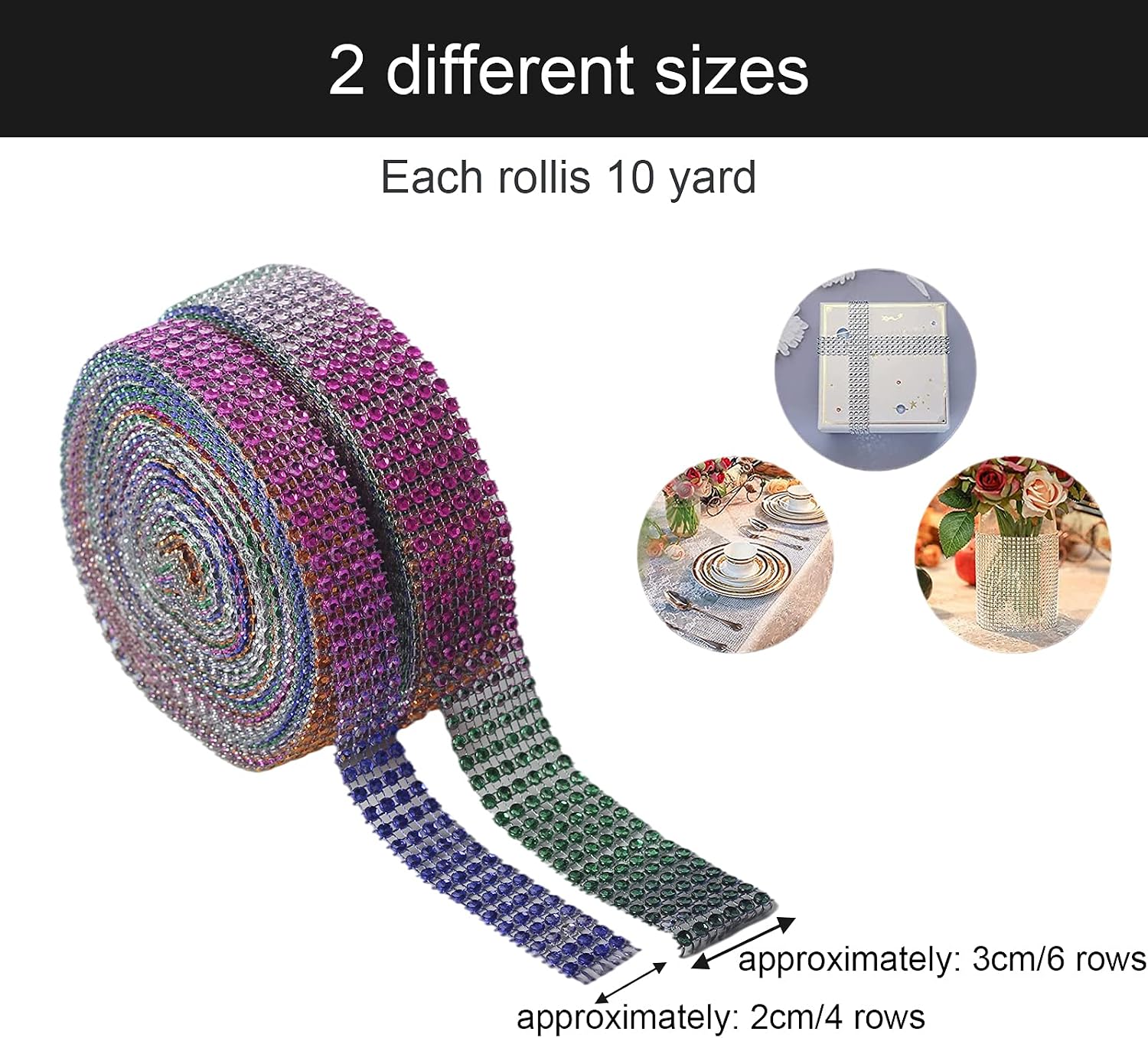 2 Rolls Acrylic Colorful Rhinestone Diamond Ribbons,4 Row 9m&6 Row 9m Rhinestone Mesh Ribbon Diamonte Strip Bling Home Accessories for Cakes Toppers Arts Crafts Home Wedding Birthday Party Decoration - Image 4