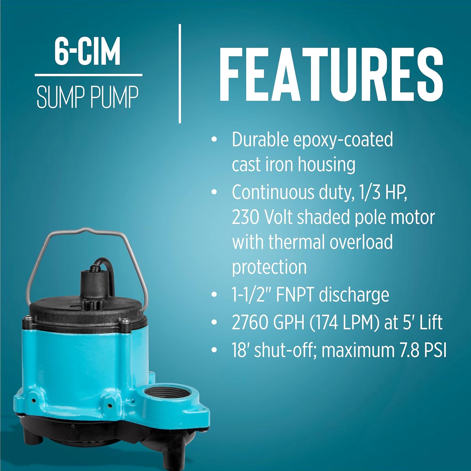 Little Giant 6-CIM 230 Volt, 50/60 Hz, 1/3 HP, 2760 GPH Cast Iron Manual (No Switch) Submersible Sump Pump for Sump Systems, 12-Ft. Lead Wires, Blue, 506266