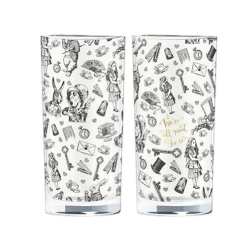 V&A Alice in Wonderland Highball Glasses in Gift Box, Glass, 330 ml - (Set of 2), Golden,gold,white - Highball Glasses