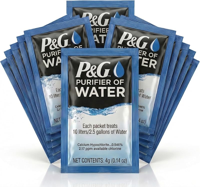 Purificador de agua P&G Paquetes purificadores de agua portátiles. Paquetes de polvo de purificación de filtro de agua de emergencia para acampar, hacer caminatas, hacer mochileros, cazar y viajar. (12 paquetes)