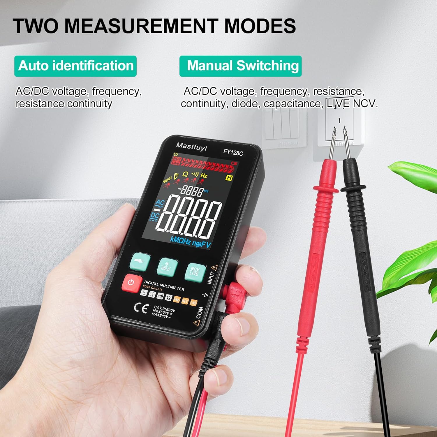 The FY128C Smart Digital Multimeter showing two measurement modes: Auto Identification for AC/DC voltage, frequency, resistance, continuity; and Manual Switching for AC/DC voltage, frequency, resistance, continuity, diode, capacitance, and LIVE NCV.