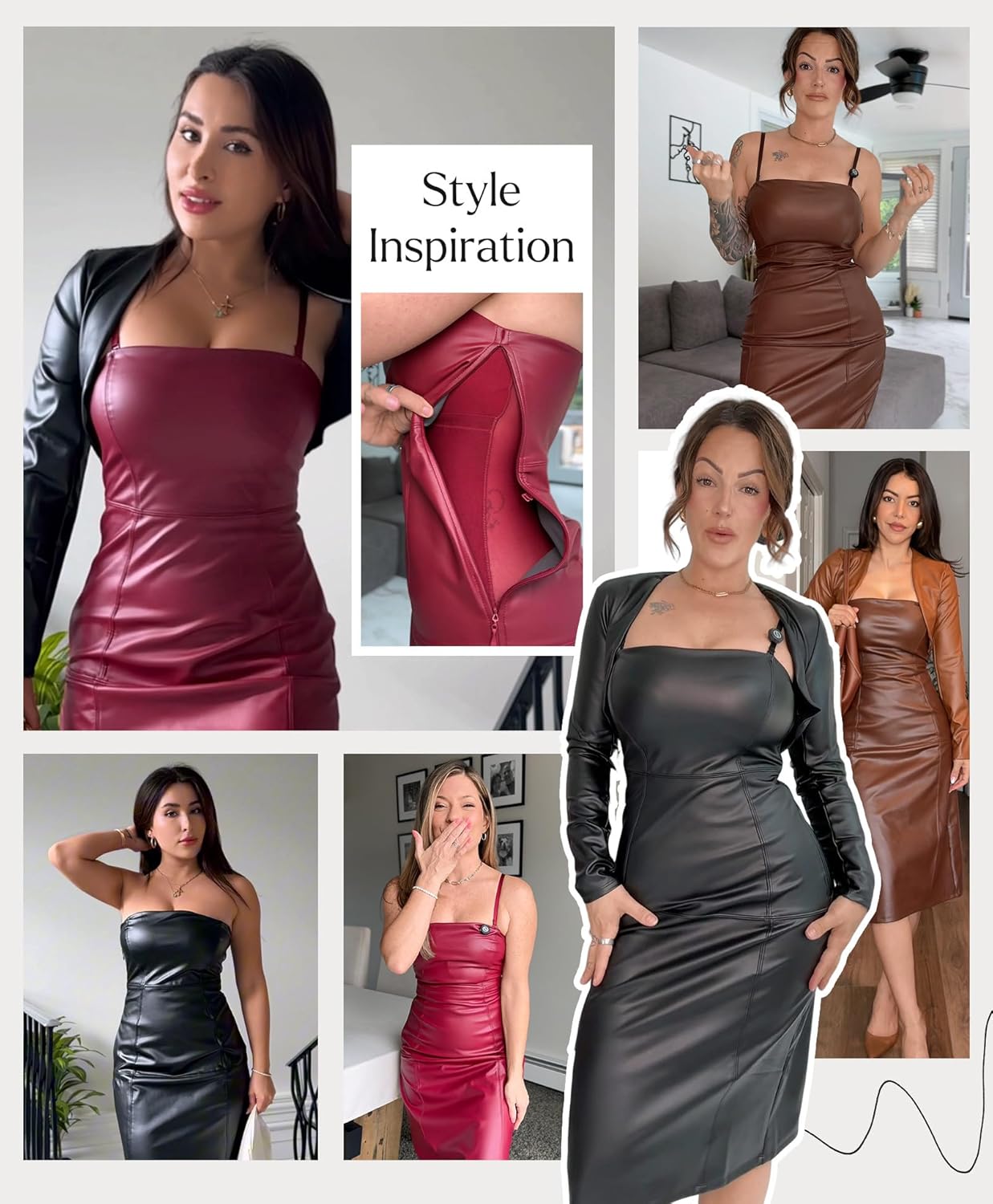 Popilush Leather Dress for Women Shapewear Slimming Midi Dress Side Zipper Square Neck Bodycon for Cocktail Party Club - Image 2