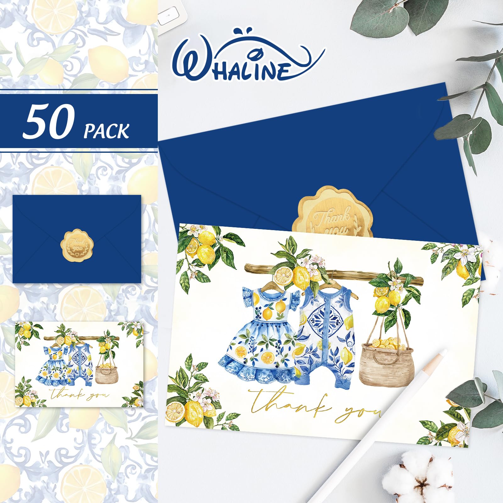 Whaline Lot de 50 cartes de remerciement pour fête prénatale en tissu citron méditerranéen feuille d'or avec enveloppes, autocollants, cartes vierges pour anniversaire, révélation du sexe, 10,2 x 15,2