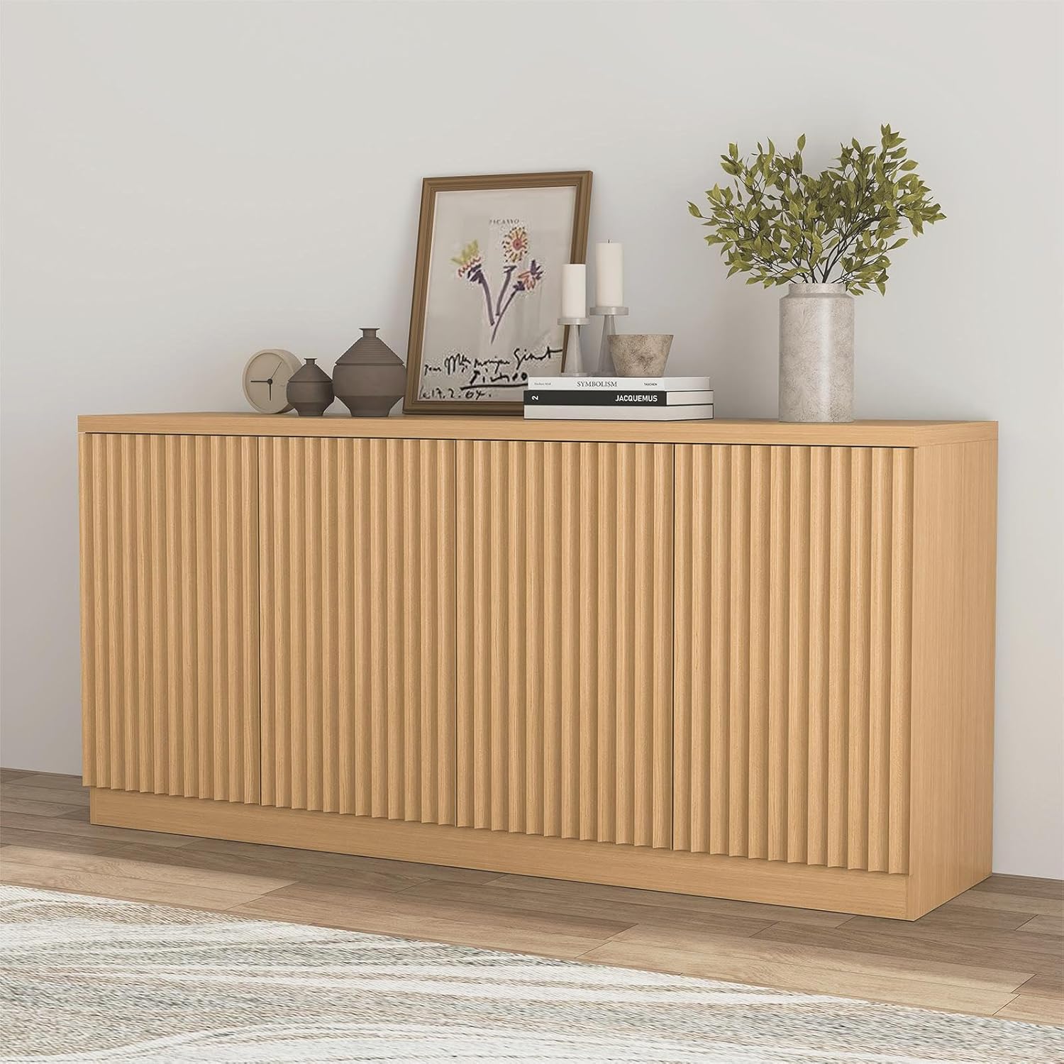 63" Fluted Buffet Cabinet Sideboard with Storage,Large Credenza with 4 Doors with Adjustable Shelves,Wood Mid Century Modern Sideboard for Kitchen, Living Room,Entryway(Natural)