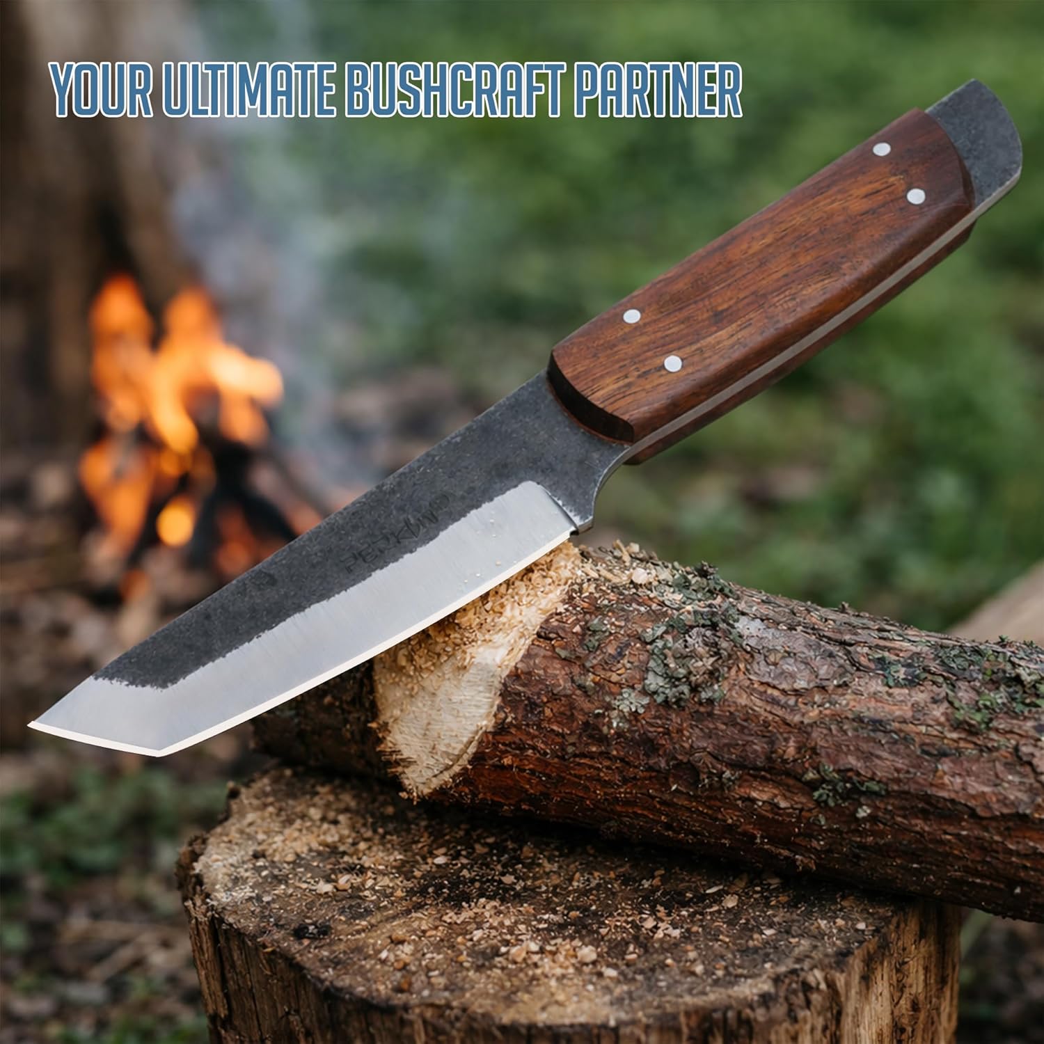 Perkin PK800 Fixed Blade Hunting Knife with Leather Sheath – 7.75” Full Tang 1095 Steel Tanto Blade, Walnut Wood Handle – Bushcraft, Camping, Fishing & Survival Knife for Outdoor