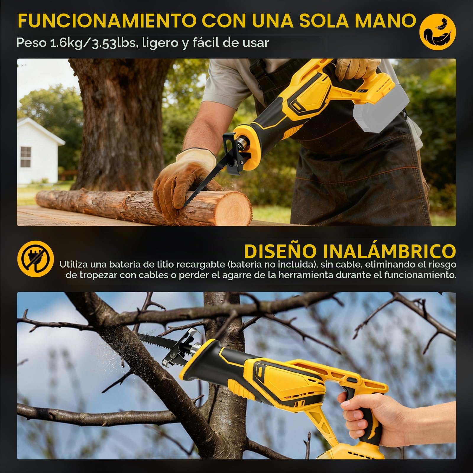 Sierra de sable con batería para Dewalt 20 V, 3000 SPM, batería de sierra de repro, velocidad variable con 8 hojas de sierra para cortar madera, metal y plástico (sin batería)