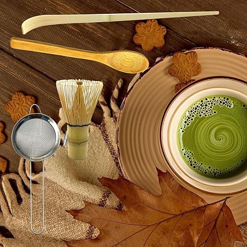 Miniatura 5 de Juego de batidor de matcha juego de 4 piezas para principiantes de matcha, incluyendo un batidor de bambú tradicional, cuchara, tamiz de té y