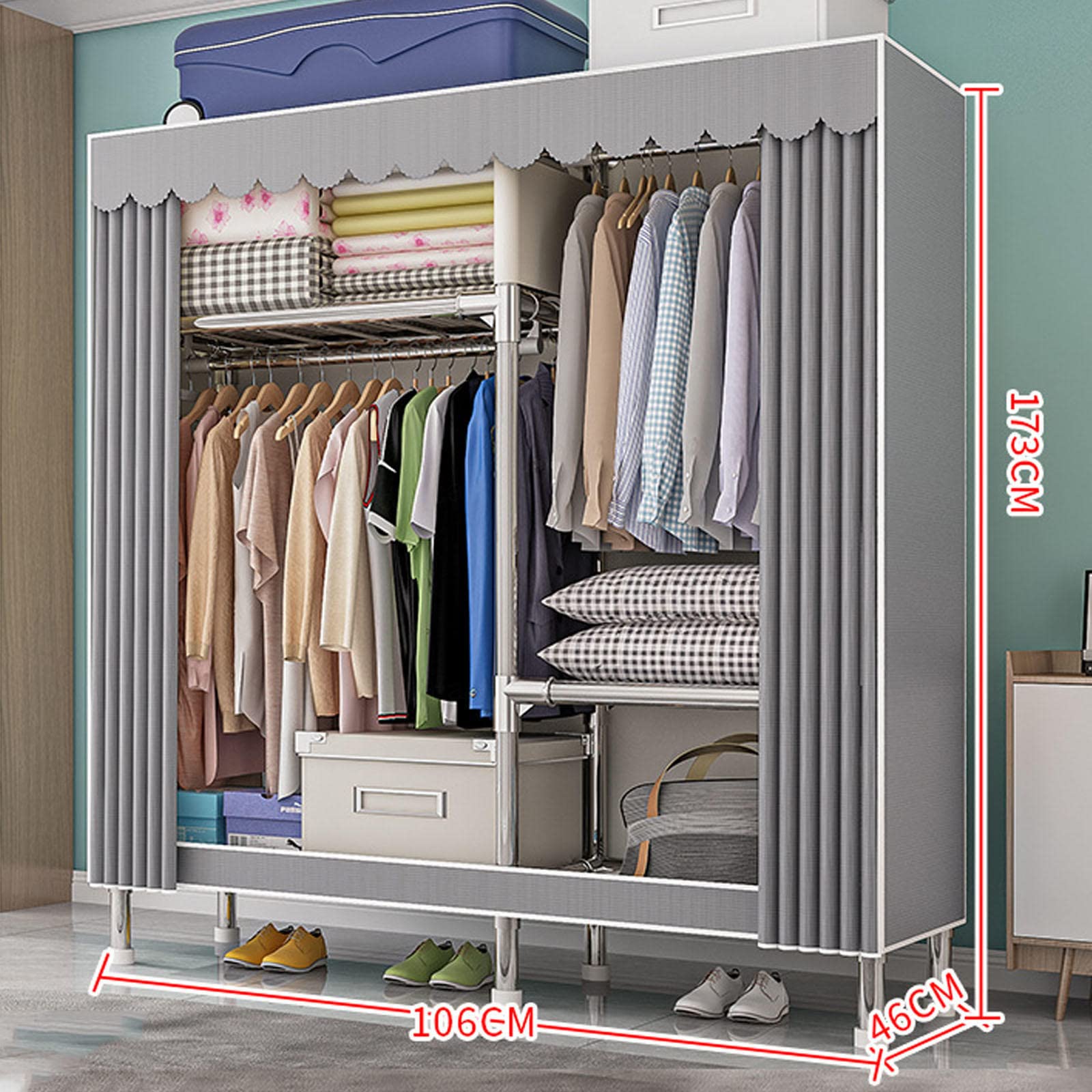 Tragbarer Canvas-Kleiderschrank, Aufbewahrungs-Organizer aus Stoff mit Kleiderstange, Faltbarer Schrank für Kleidung, Schuhe, 106 x 46 x 173 cm