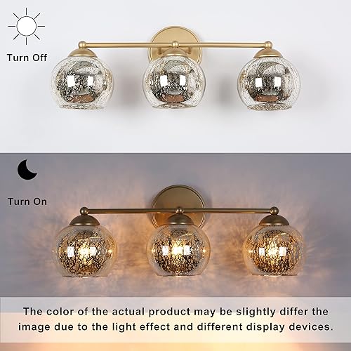 Miniatura 7 de ZEVNI Lámpara de tocador de baño dorada, modernas luces de baño de 3 luces sobre espejo con globos de vidrio de mercurio, 21 x 7 x 8 pulgadas
