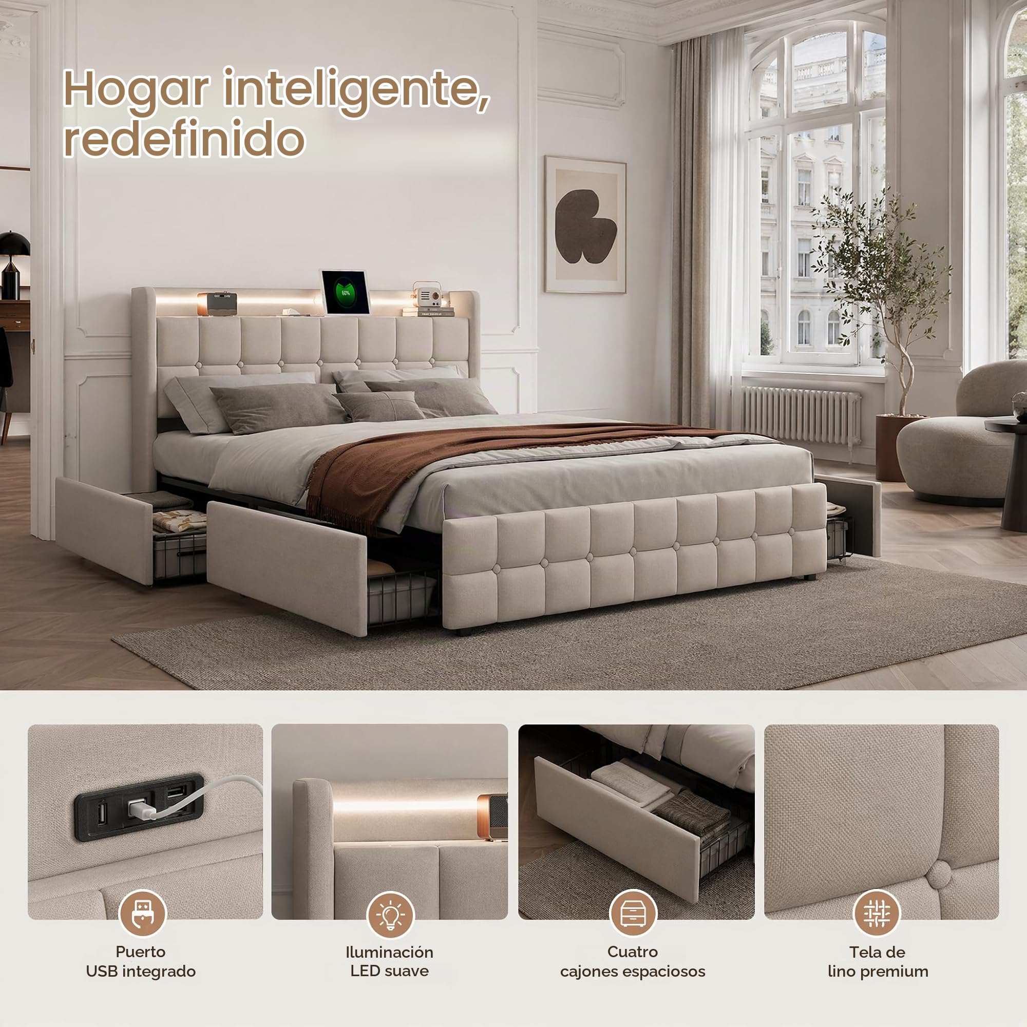 Cama Tapizada 180x200, Cama Doble con 4 Cajones, Cama Doble Tapizada con Somier, Cama Acolchada con USB y Luz LED, Marco de Cama con Cabecero, Cama de Matrimonio (Beige, Lino A, 180 × 200 cm)