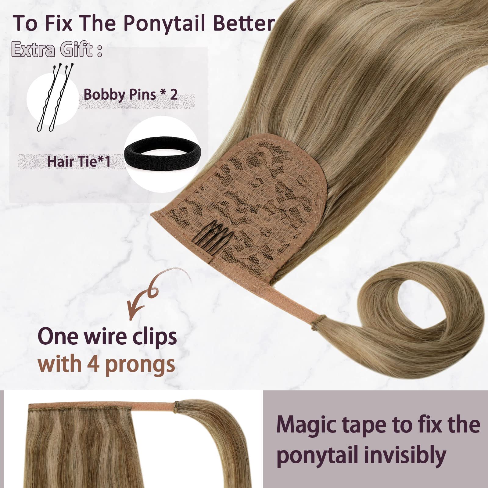 RUNATURE Real Hair Ponytail Extension Blonde Highlight Caramel Blonde Ponytail Extension Human Hair 20 Inch Clip in Ponytail Hair Extensions Human Hair 80 Gram - Image 3