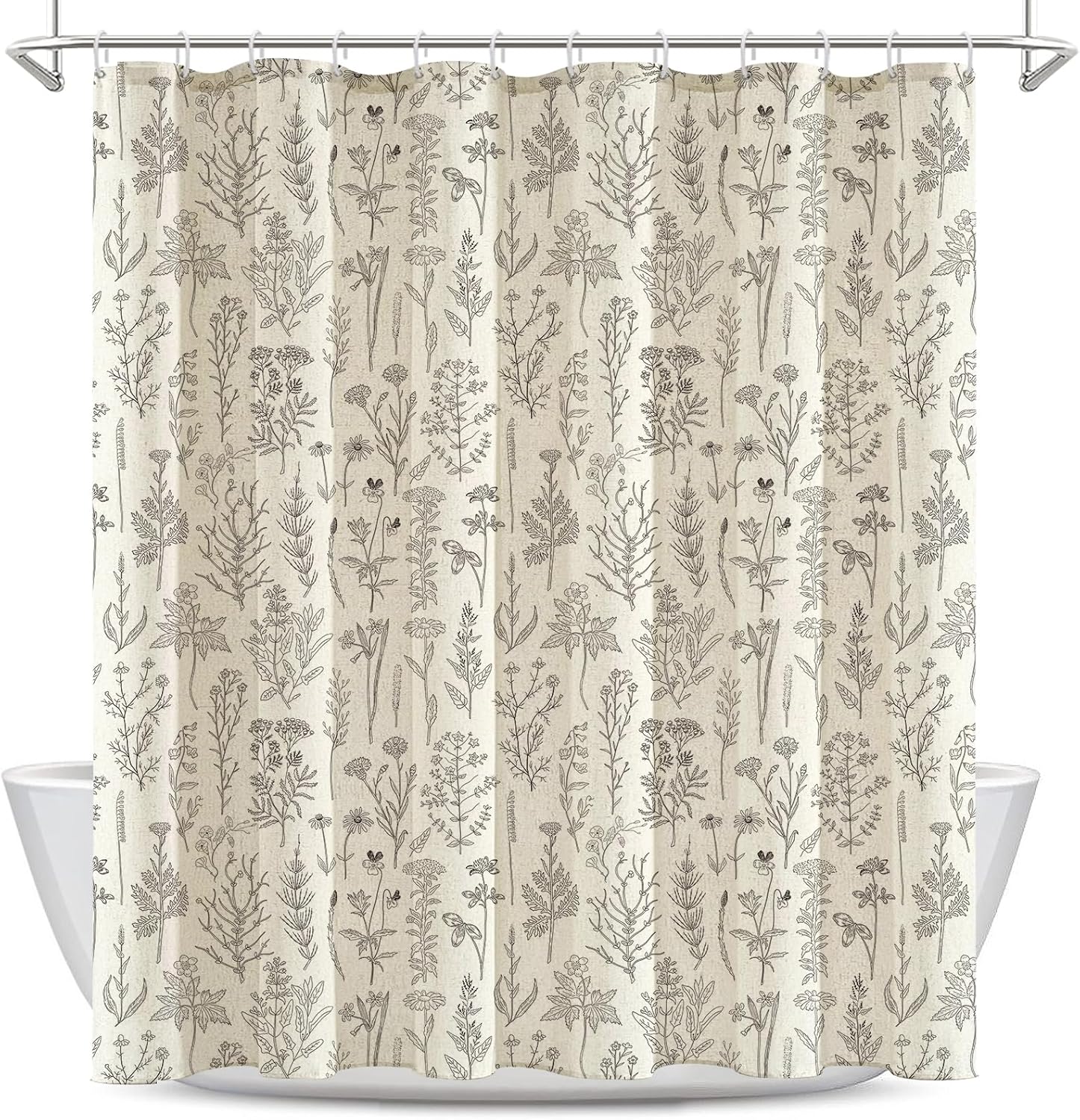 Coxila Linen Textured Shower Curtain Vintage Floral Beige Flower Retro Spring Cream Plant Botanical Boho Country Cute Rustic Farmhouse Wildflower Toile Bathroom 72 x 72 Inch Fabric Cloth 12 Pack Hooks