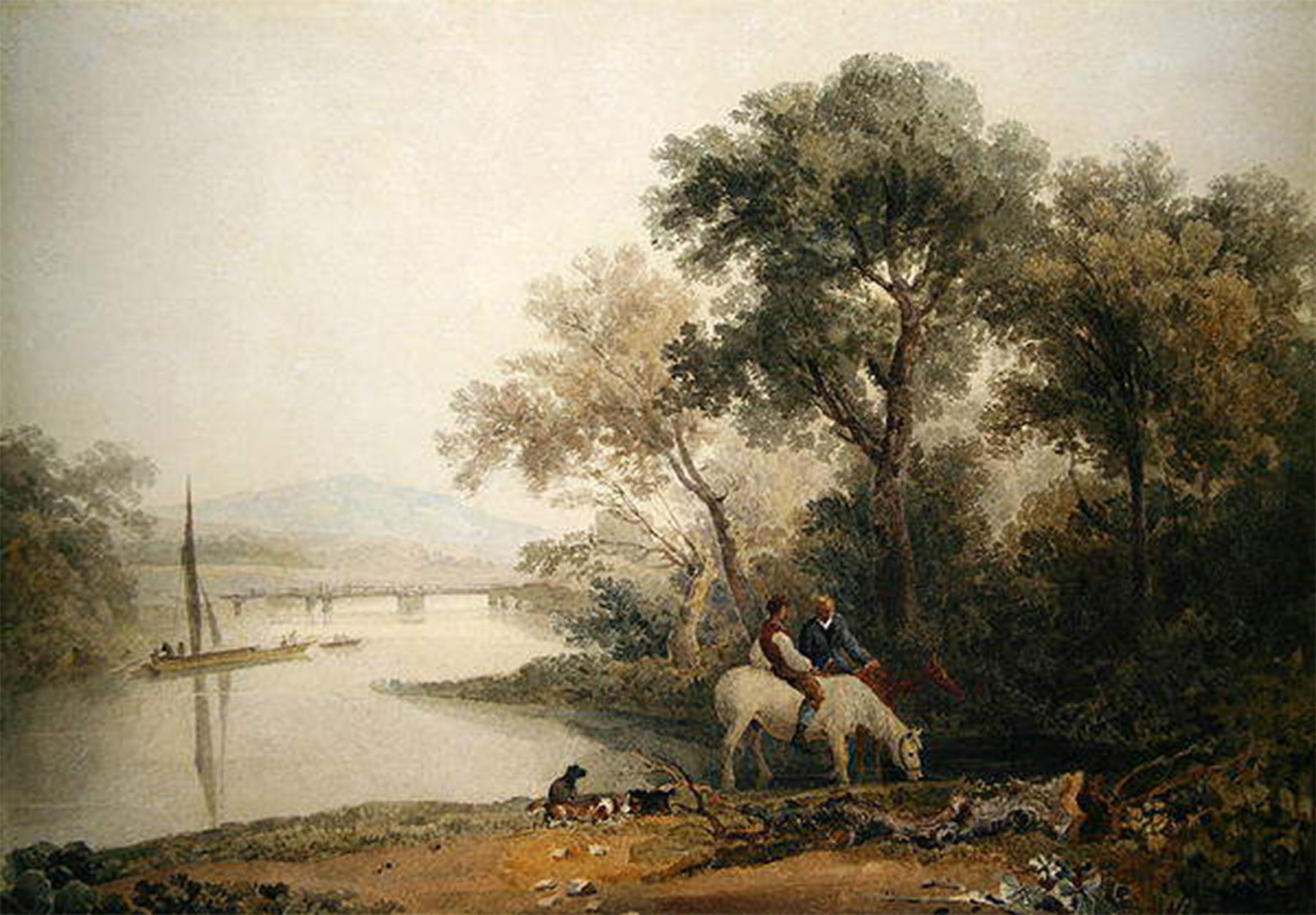 POSTERIIk Vintage Classic Picture Landscape Artwork Rustics Watering Their Horses At a River's Edge a Tower Beyond by Peter De Wint Portrait Canvas Painting for Office Home Decor 60x90cm