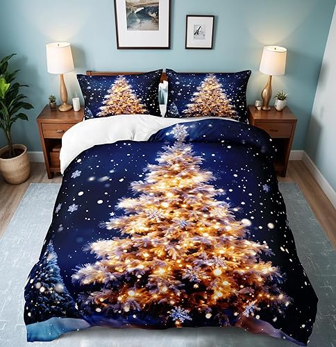 Herside Juego de ropa de cama de árbol de Navidad, funda de edredón de Navidad, tamaño Queen, color dorado con estampado de árbol de Navidad en
