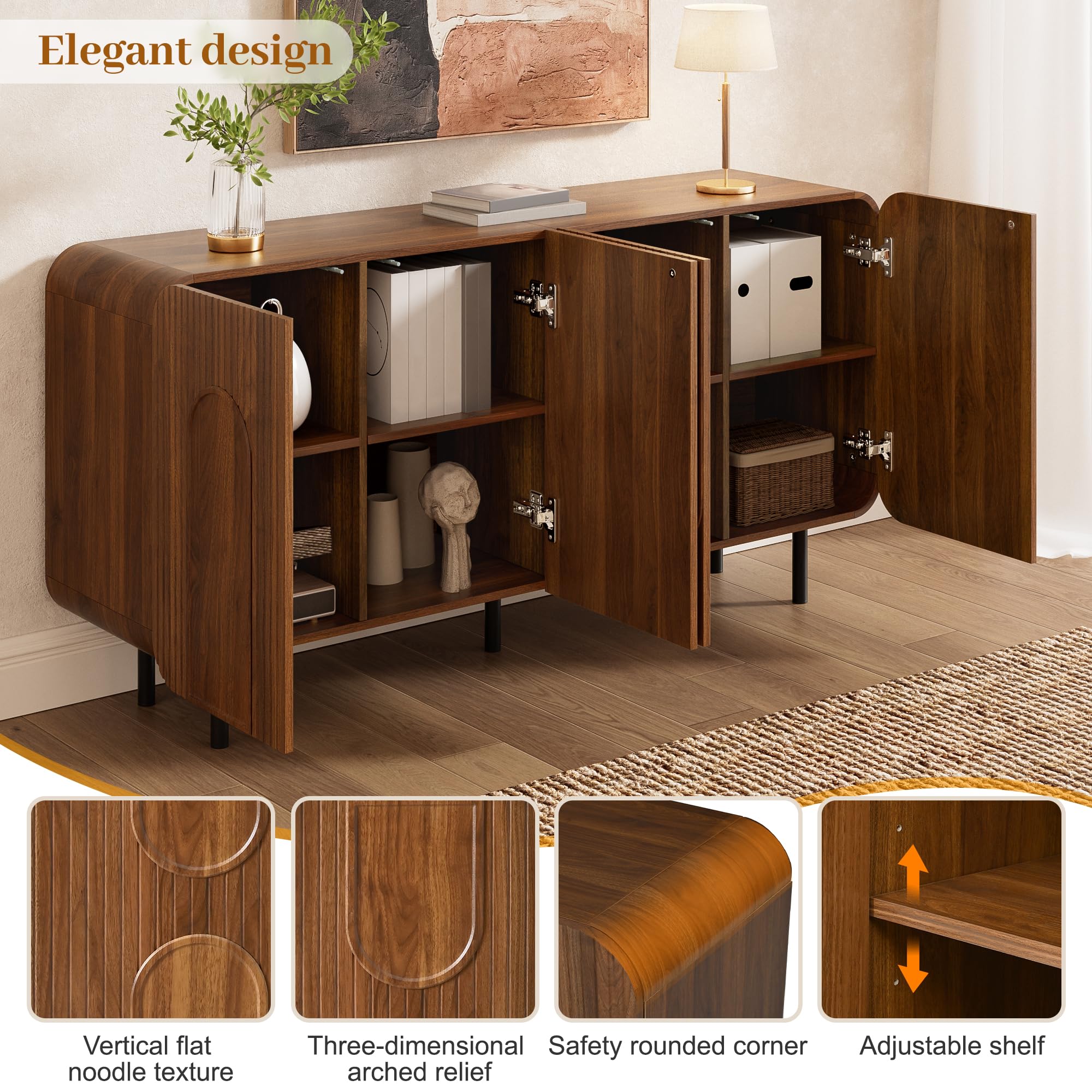 Credenza con 4 ante e ripiani regolabili, armadietto da cucina con angoli arrotondati e goffratura geometrica, 160 x 40 x 79 cm, noce