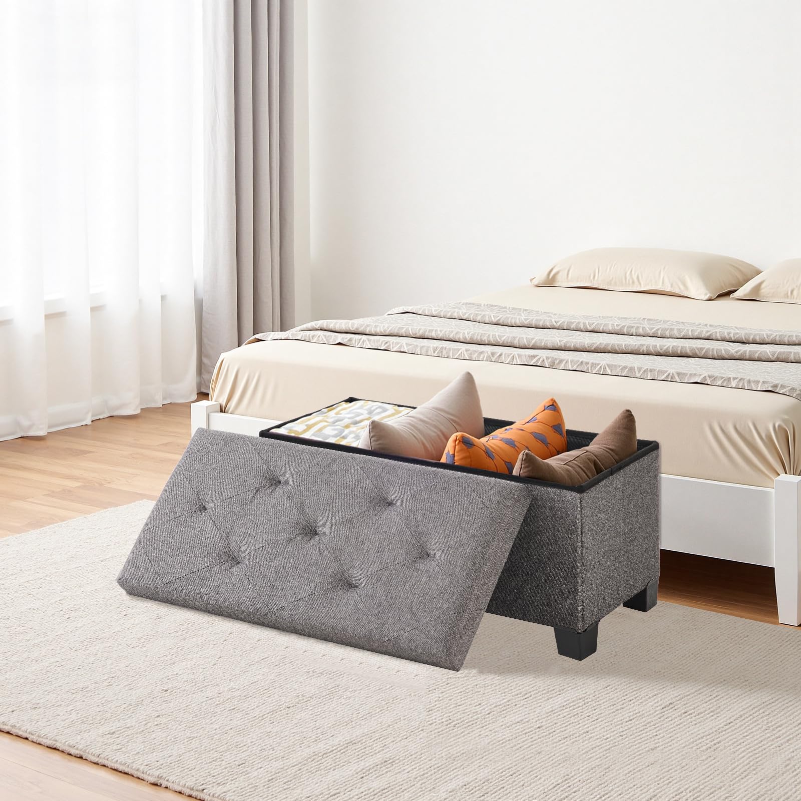 Sweetcrispy Banco con Espacio de Almacenamiento, Banco con Patas, 76 x 38 x 38 cm, Plegable, Caja de Almacenamiento con Tapa, soporta hasta 300 kg, para salón, Dormitorio, Pasillo, Gris Oscuro