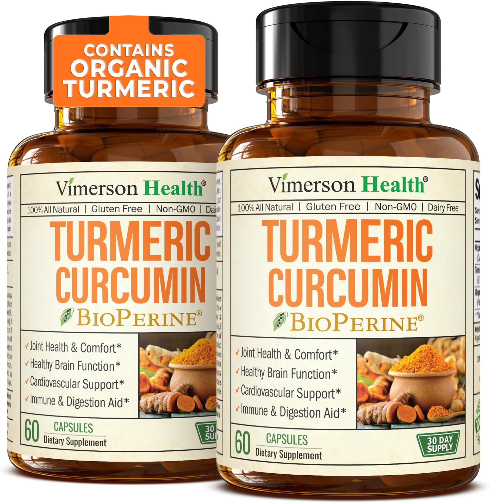 Turmeric Supplement - Turmeric Curcumin Supplement. 1200mg Turmeric Powder Organic & Bioperine Joint Support Supplement. 95% Curcuminoids. Organic Turmeric Curcumin with Black Pepper - 120 Caps 2 Pack