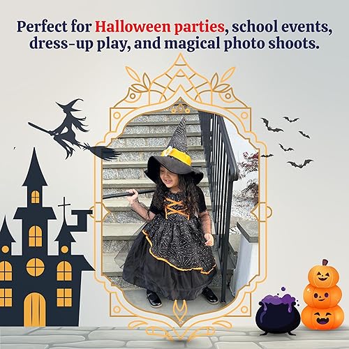 Vista 6 de Dress Up America Disfraz de bruja de Halloween para niños, disfraz de bruja negra y naranja