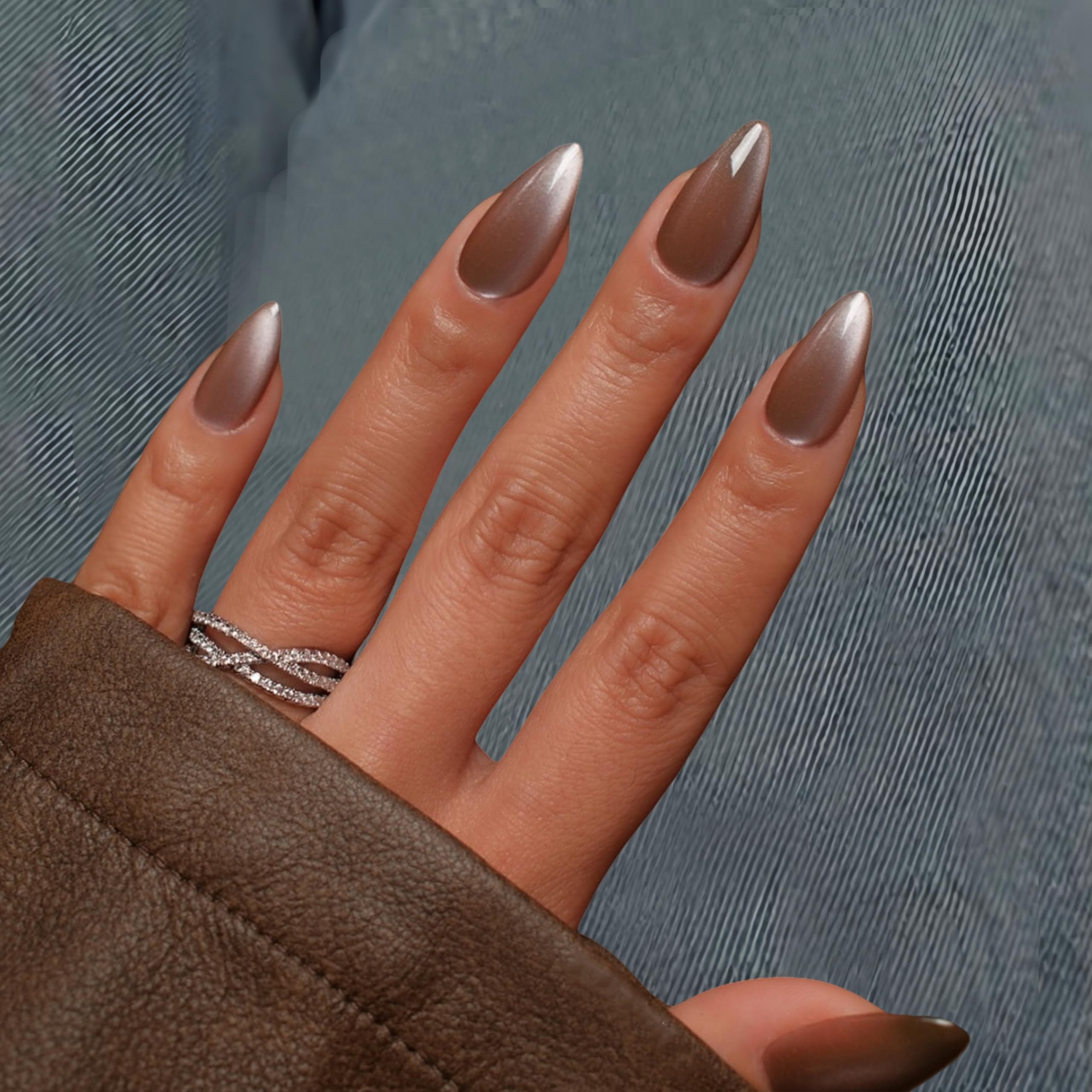 Cat Eye Dark Brown Press On Nails Medium Almond Shaped - 30 Pcs Stiletto Fake Nails Acrylic Press ons, Natural Fit, Opaque Glitter Chrome Gel Nails Stick on, Soft Gel Glue on Nails for Women