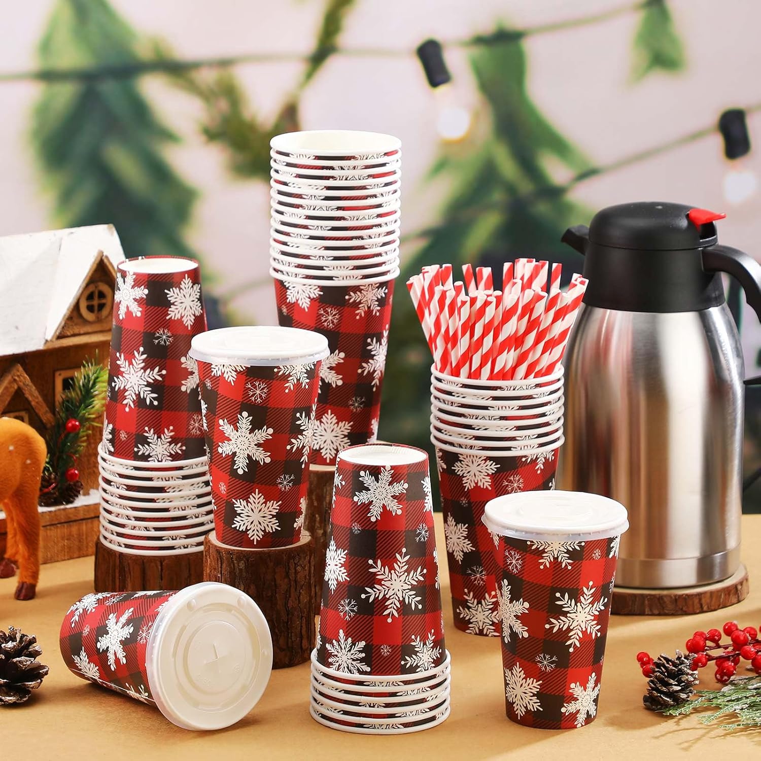 51 Set 16 oz Christmas Paper Coffee Cups Disposable Cocoa Cups with Lids Xmas Snowflakes Cups 68 oz Thermal Carafe for Christmas Hot Cocoa Bar Drinkware Party Winter Holiday Supplies