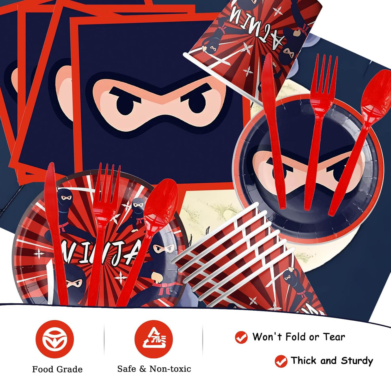 Ninja Birthday Party Decoration Set Ninja Warrior Party Supplies Kit Ninja Master Tableware Includes Plates Napkins Cups, Banner Balloons Cake Tops Tablecloth