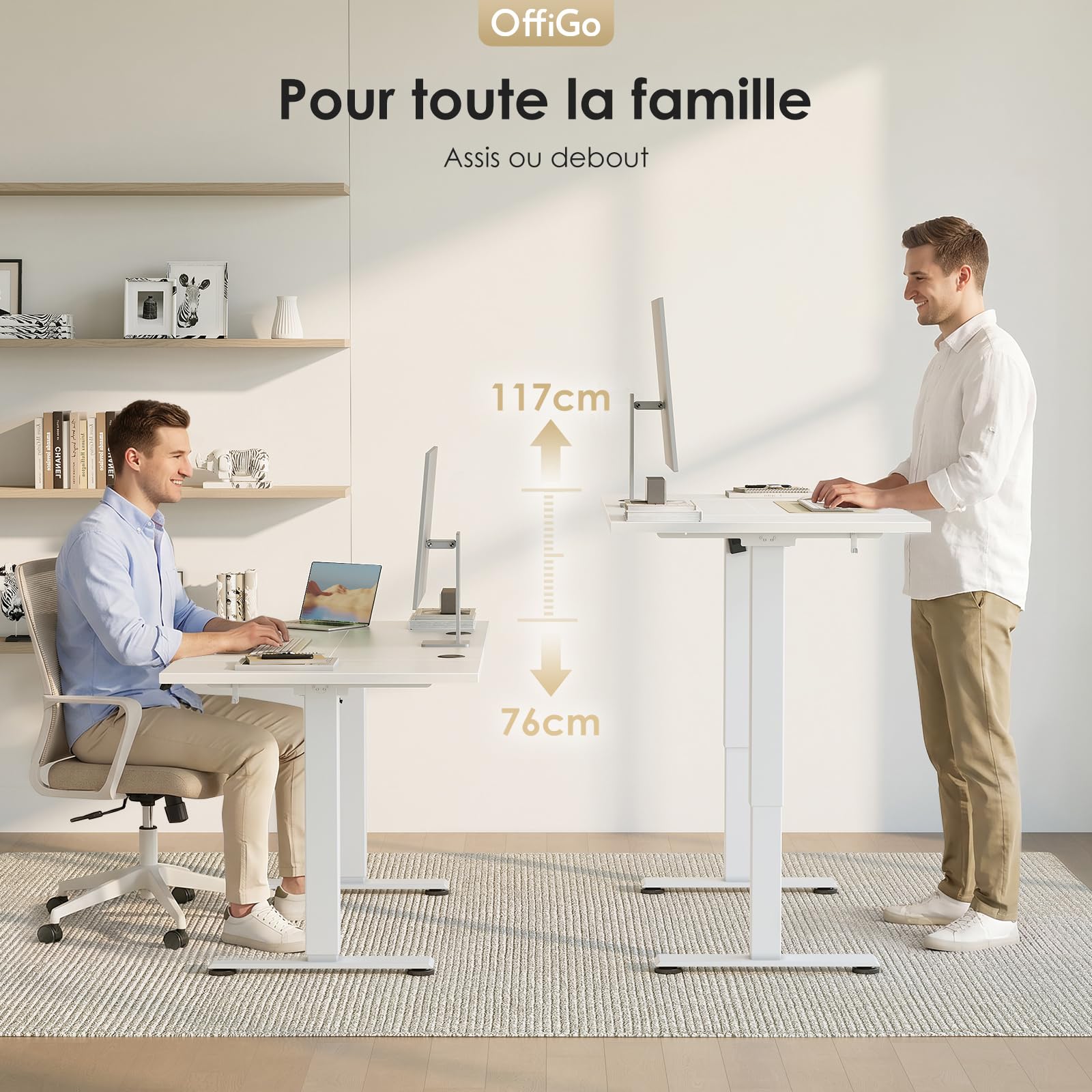 OffiGo Bureau Assis Debout électrique 140cm, Table Ergonomique avec 3 Fonctions Mémoire, Standing Desk Blanc