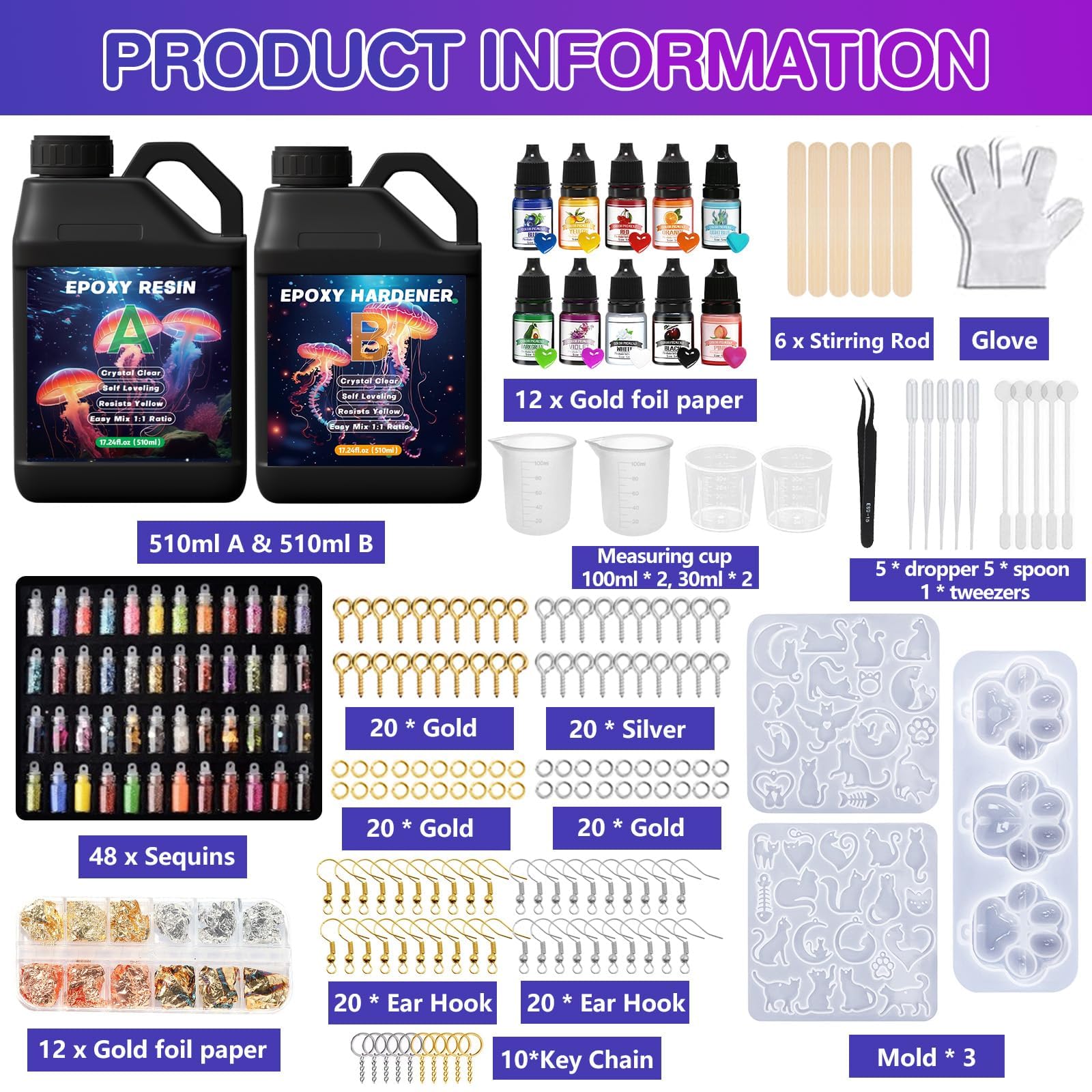 UCAMP 1020ml Resina Epoxi Transparente,1:1 Kit Resina Epoxi con Pigmento,Resina Epoxi Manualidades,Resina Epoxi Kit con pintura,purpurina,hoja de oro, Epoxy Resin para Hacer Llavero, Joyas