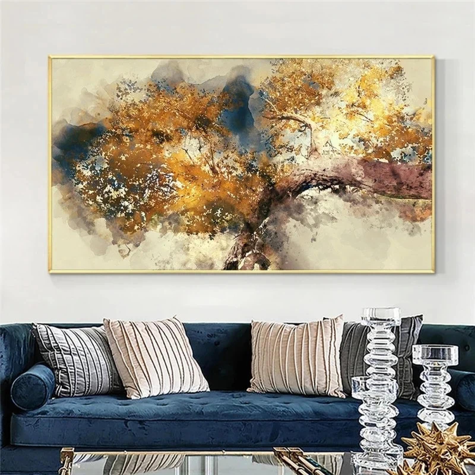 Toile d'arbres bruns abstraits haut de gamme avec cadre doré élégant - 7