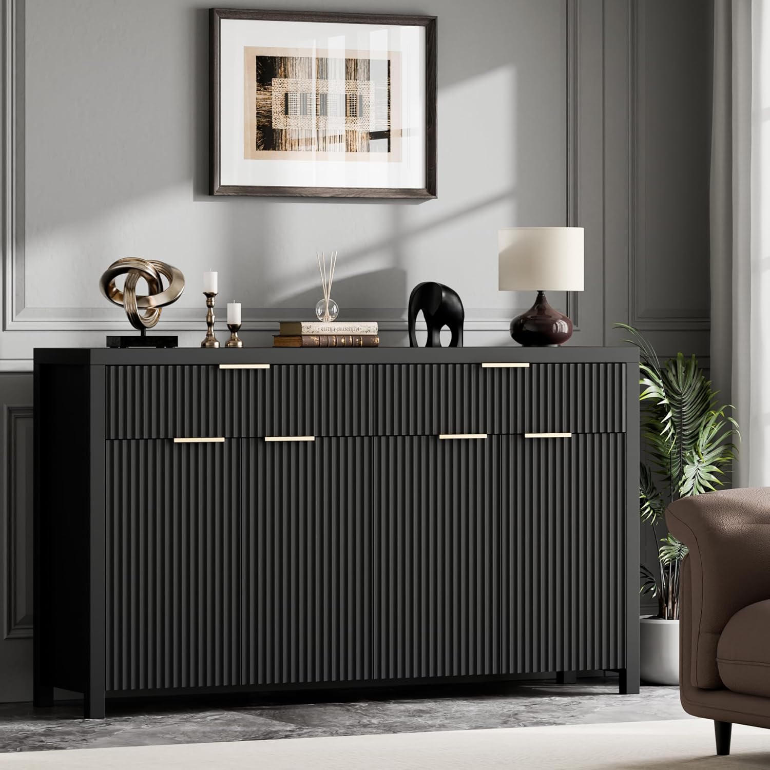 Lulive White Fluted Storage Cabinet with Drawers Buffet Sideboard Cabinet with Adjustable Shelves for Kitchen Living Room, Kitchen, Entryway