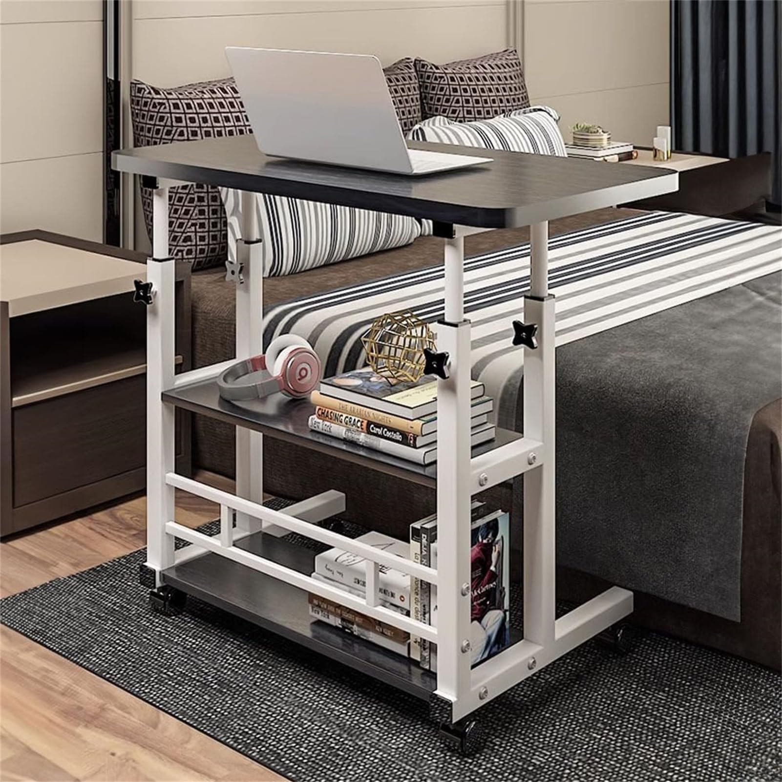 Warmiehomy Höhenverstellbarer Schreibtisch Platzsparender Laptoptisch 60x40cm Computertisch mit Rollen Schreibtisch Schwarz mit Regal Mobiler Beistelltisch PC Tisch für Home Office,Bett,Sofa,Schwarz