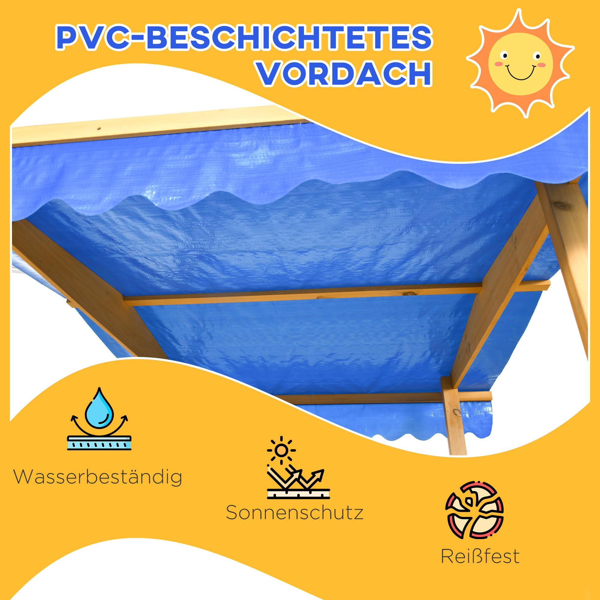 Outsunny Piaskownica z dachem, piaskownica z drewna z domkiem do zabawy, 133 x 129 x 137,5 cm, piaskownica z kółkami dla dzieci w wieku 3-8 lat, do ogrodu, naturalna
