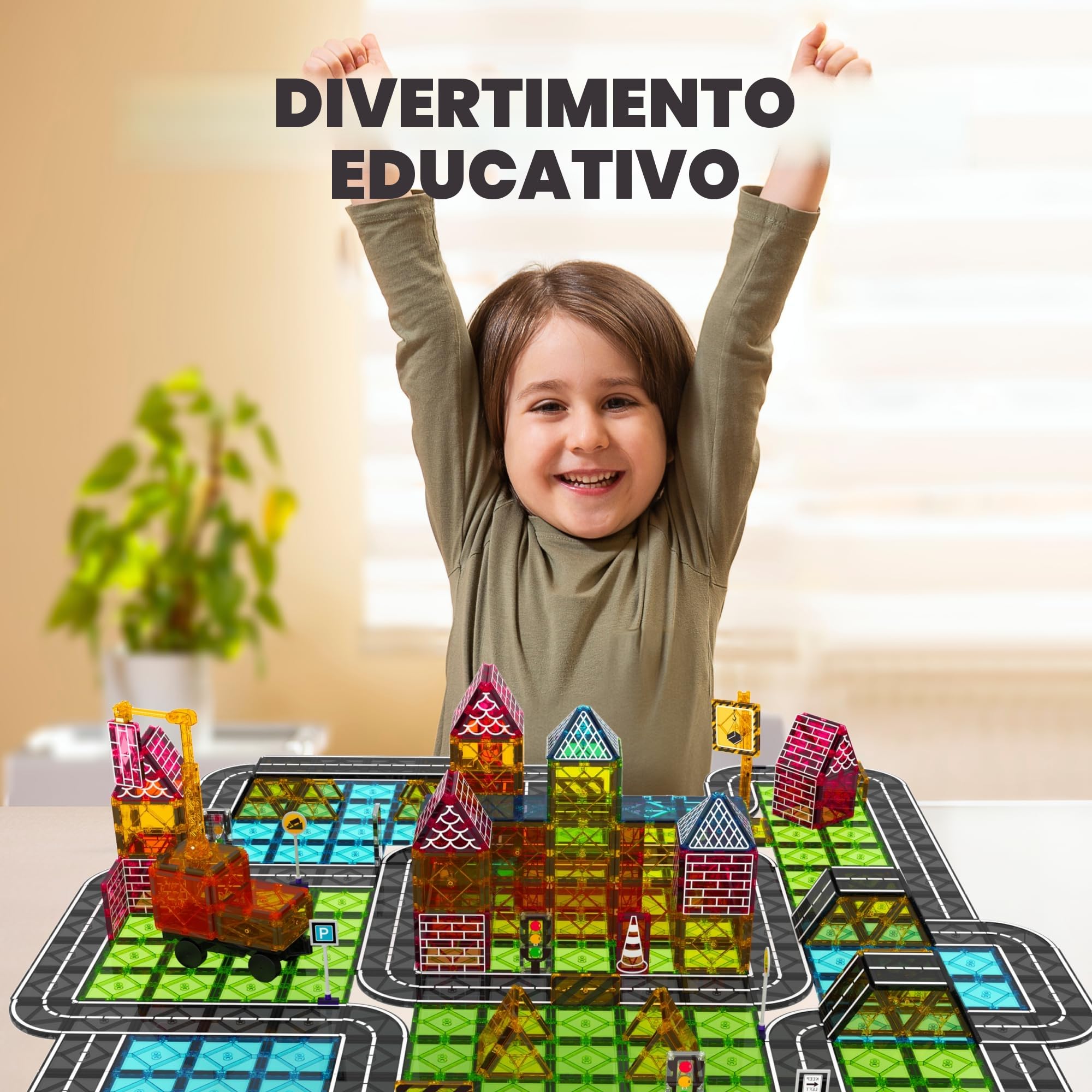 Desire Deluxe Road Magnetic Tiles - Set di Auto Gru Magnetica per Bambini, Giocattolo Educativo STEM Montessori Prescolare per Costruzioni, per Bambini e Bambine dai 3 Anni