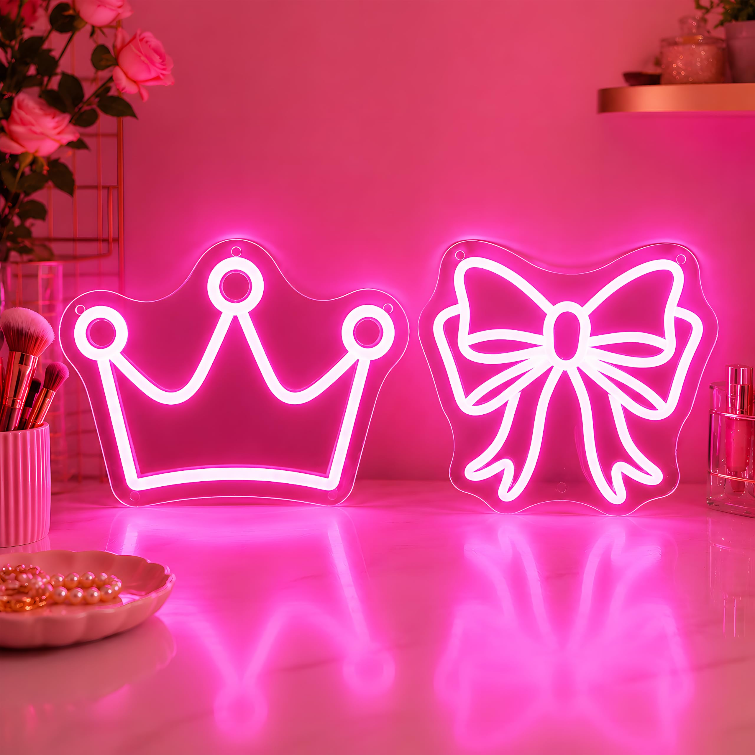 Confezione da 2 insegne al neon a forma di fiocco e corona, luce LED rosa per decorazione della camera da letto, alimentata tramite USB, dimmerabile, luce al neon per sala di bellezza, dormitorio