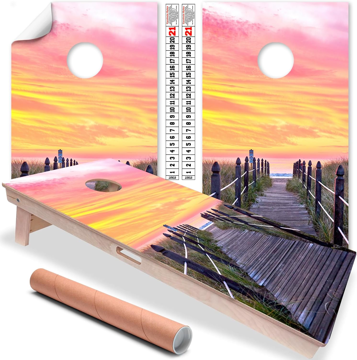 Cornhole Board Wraps and Decals for Boards Set of 2 Skins Professional Vinyl Covers Sticker - Pier at Sunrise Summer Beach House Fun Cornhole Decal for Boards Covers Sticker Cornhole Vinyl Wraps