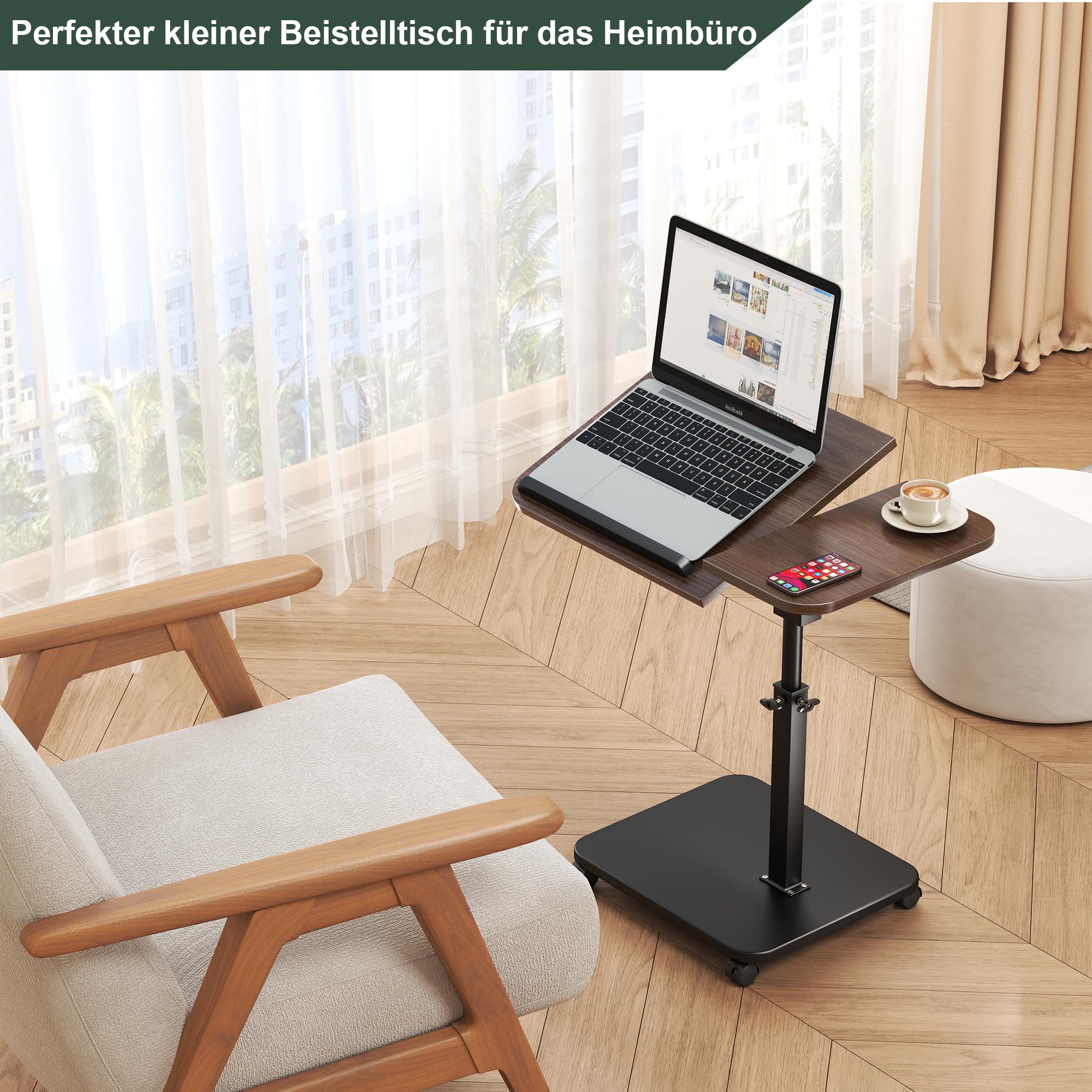 Mesa auxiliar con ruedas regulable en altura, mesa auxiliar de madera en forma de C, rotación de 360°, soporte superior inclinable para ordenador portátil, mesa de TV para sofá, cama, pequeña
